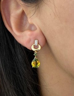3.72 Carat Bi-Color Topaz, Green Tourmaline, and Diamond Drop Earrings