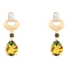 3.72 Carat Bi-Color Topaz, Green Tourmaline, and Diamond Drop Earrings