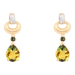 3.72 Carat Bi-Color Topaz, Green Tourmaline, and Diamond Drop Earrings