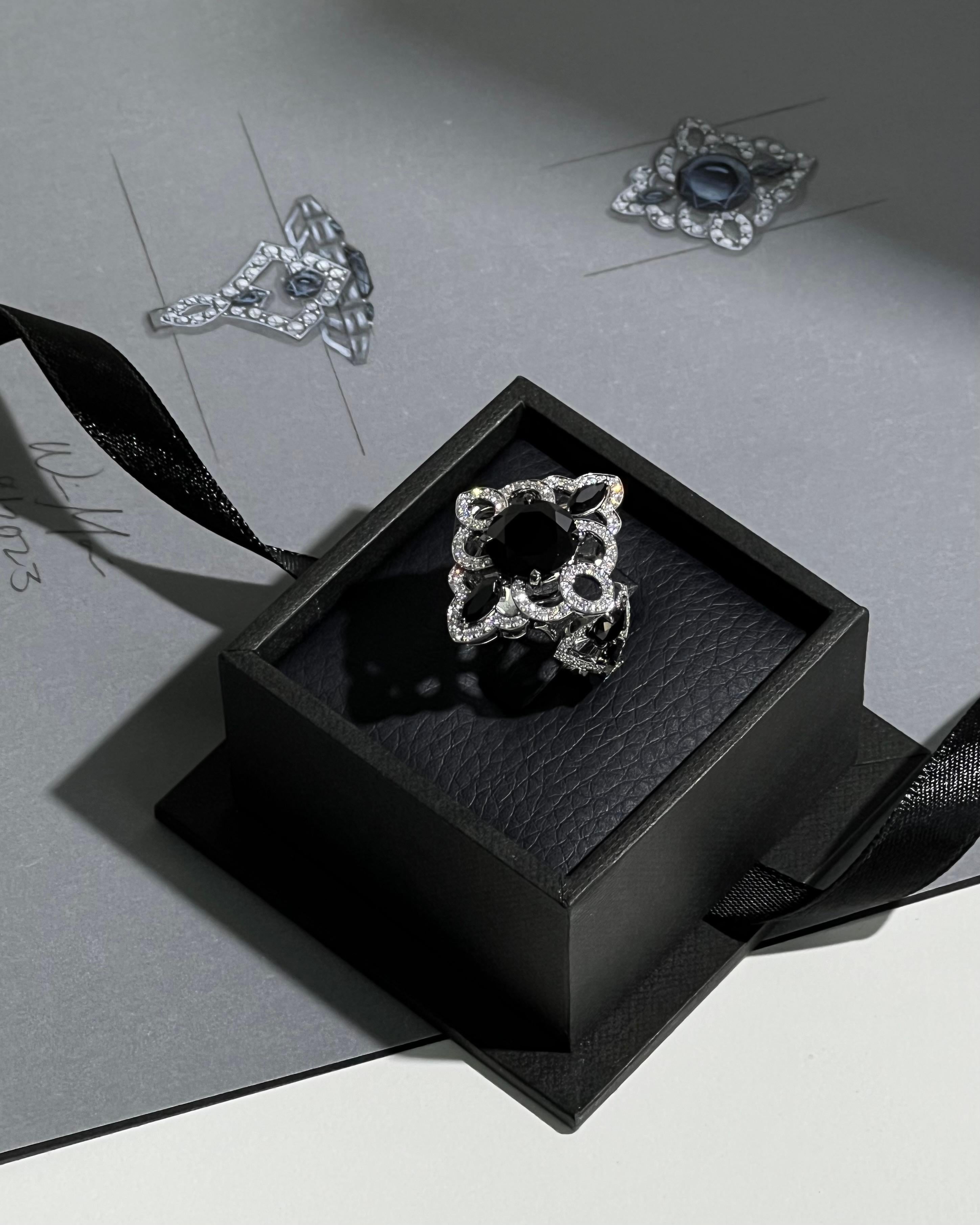 3,72 Karat Schwarzer Spinell und Diamantring aus 18k Weißgold für Damen oder Herren im Angebot