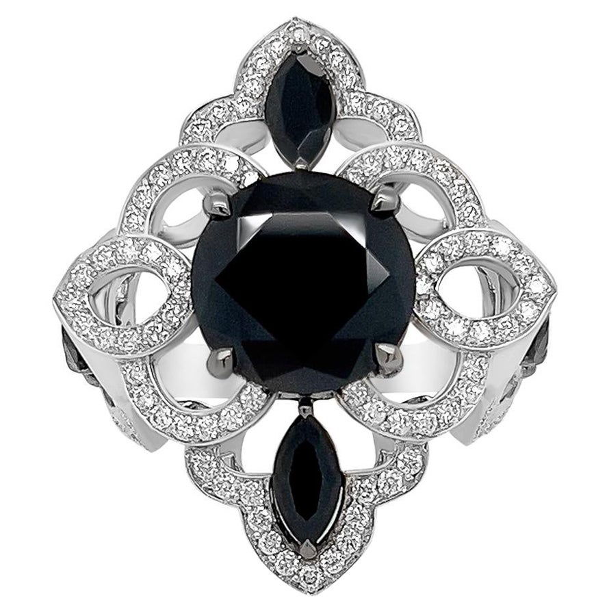 Bague en or blanc 18 carats, spinelle noire de 3,72 carats et diamants