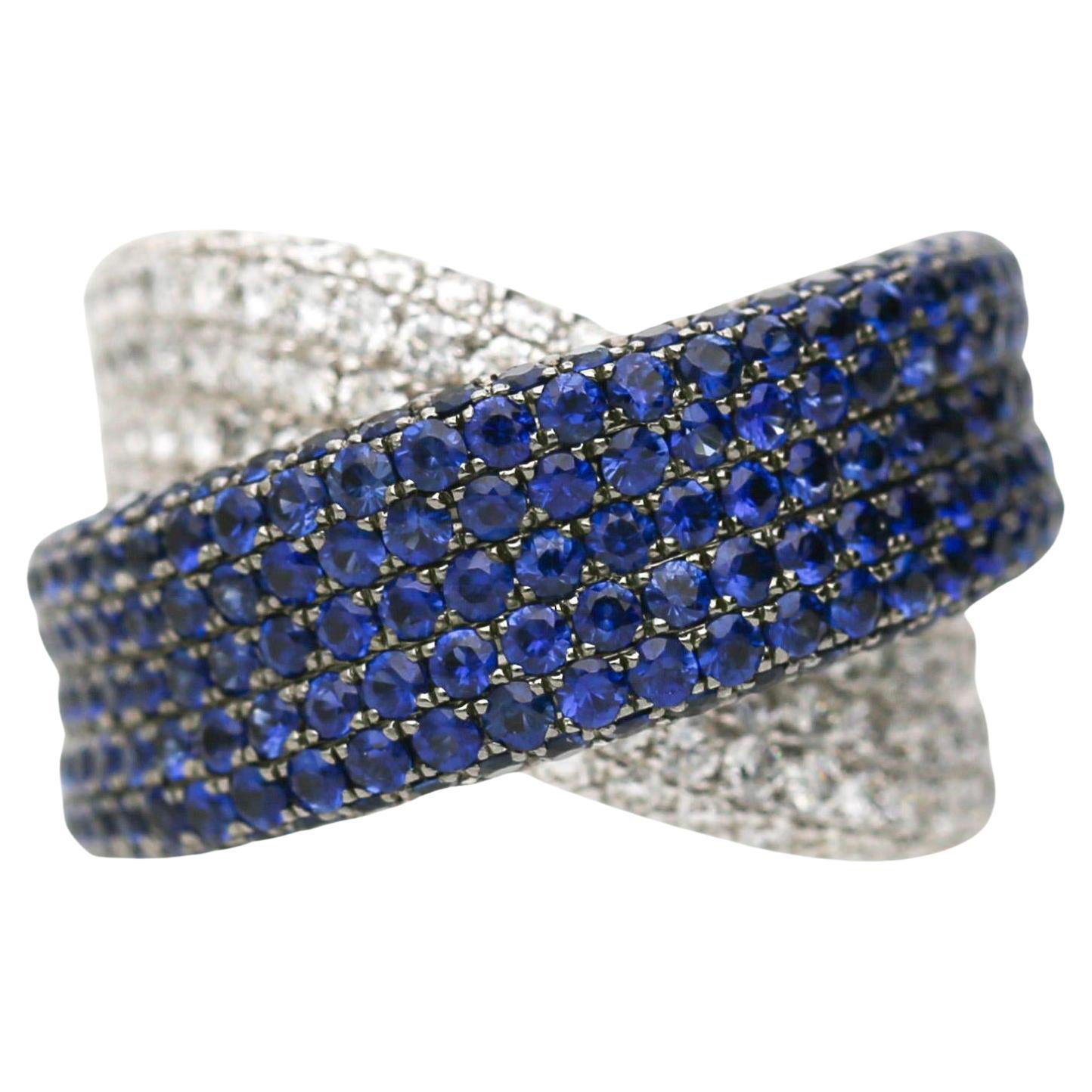 3,72 Karat Blauer Saphir & Diamant Pave 18K Crossover Band Ring im Angebot