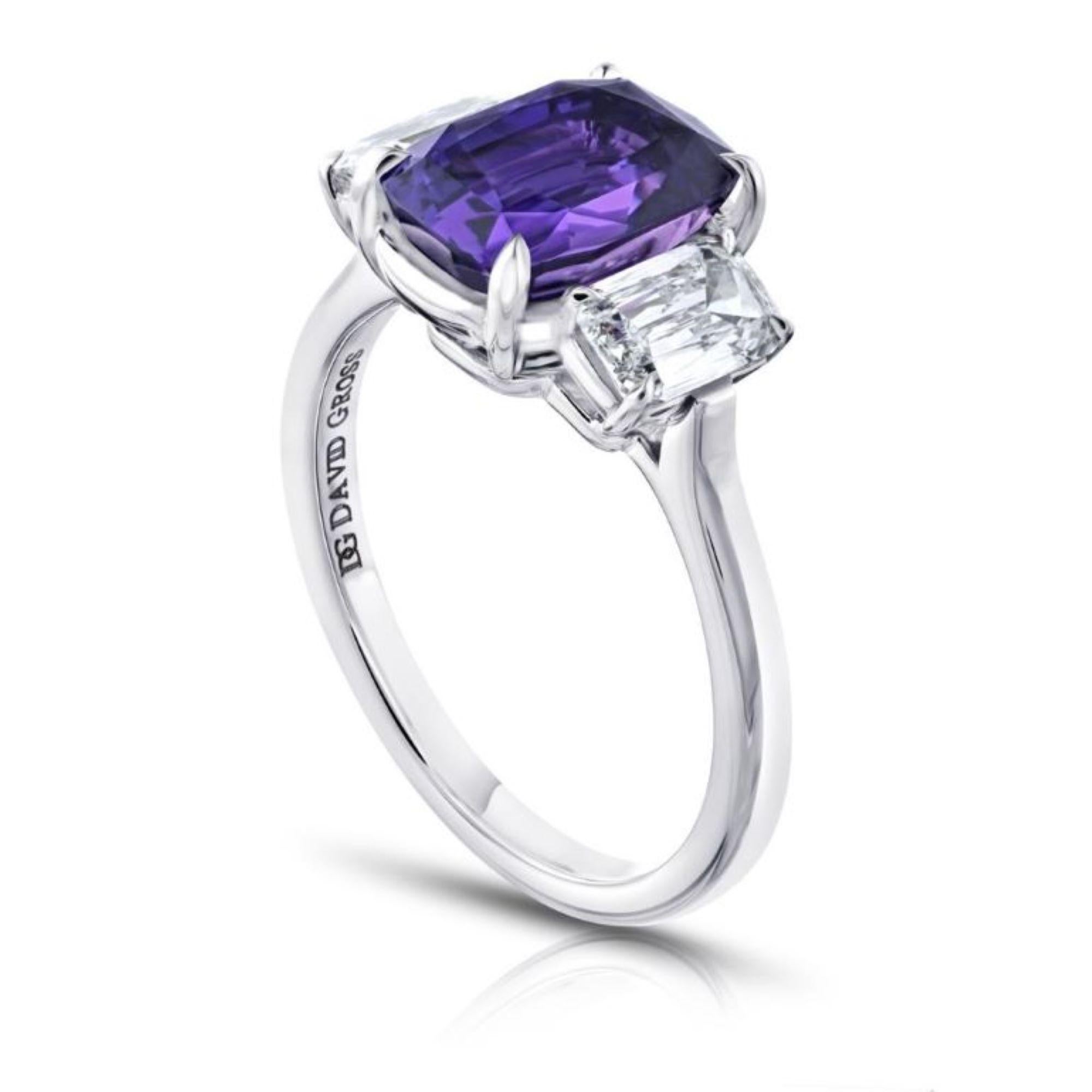 3.72 carat Cushion Purple Sapphire with two Cushion Diamonds .97 carats set in a handmade Platinum ring