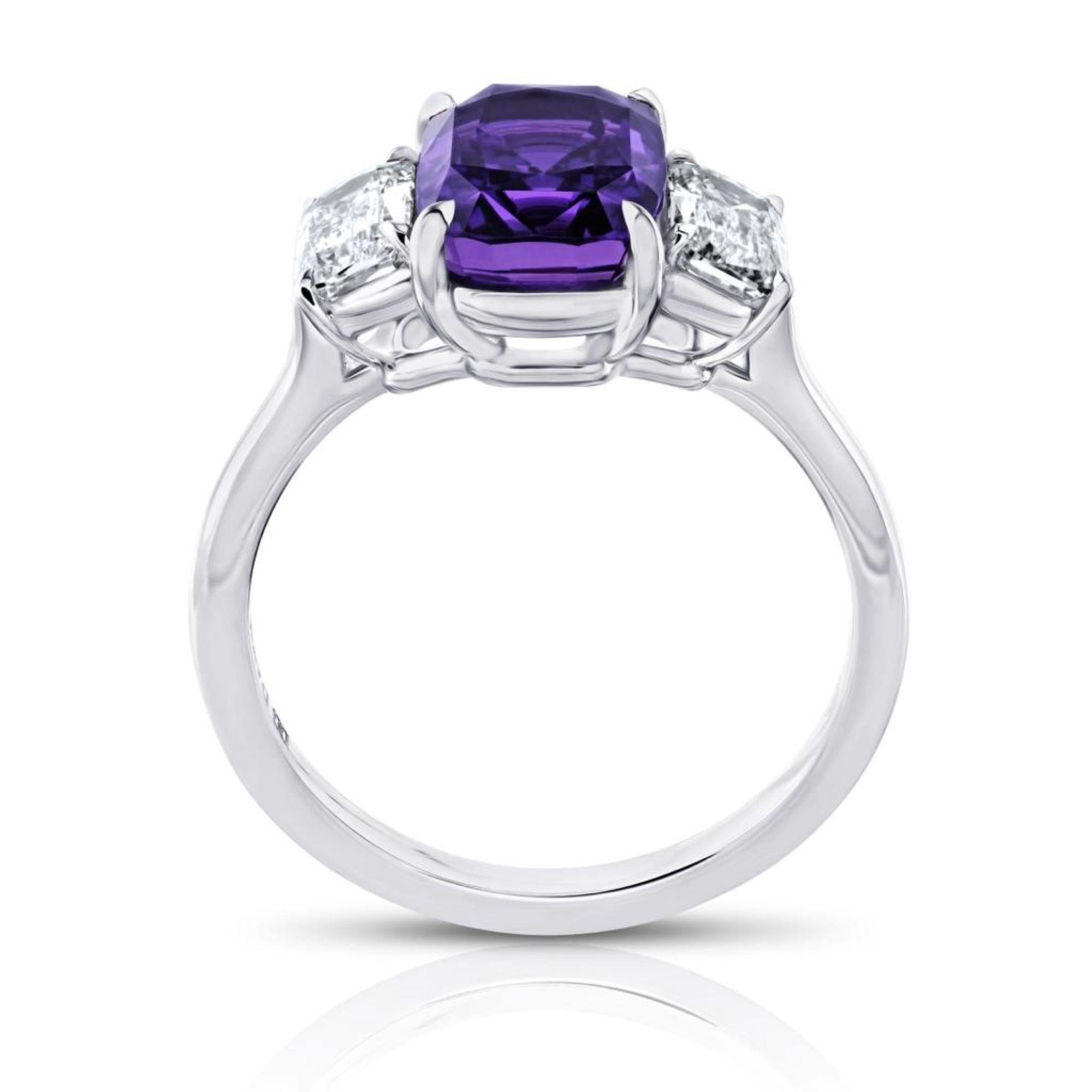 Contemporary 3.72 Carat Cushion Purple Sapphire and Diamond Platinum Ring For Sale