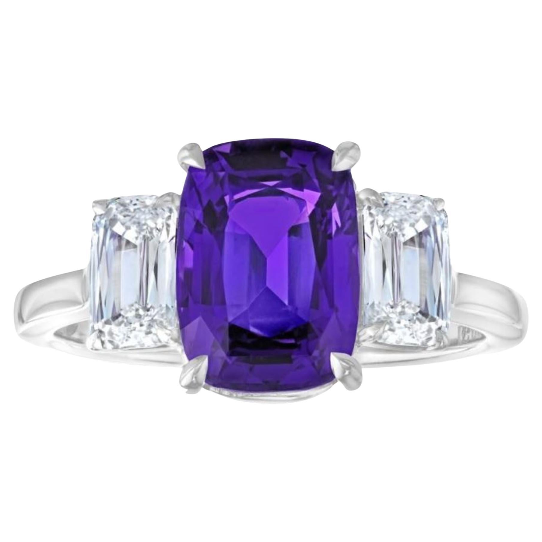 3.72 Carat Cushion Purple Sapphire and Diamond Platinum Ring For Sale