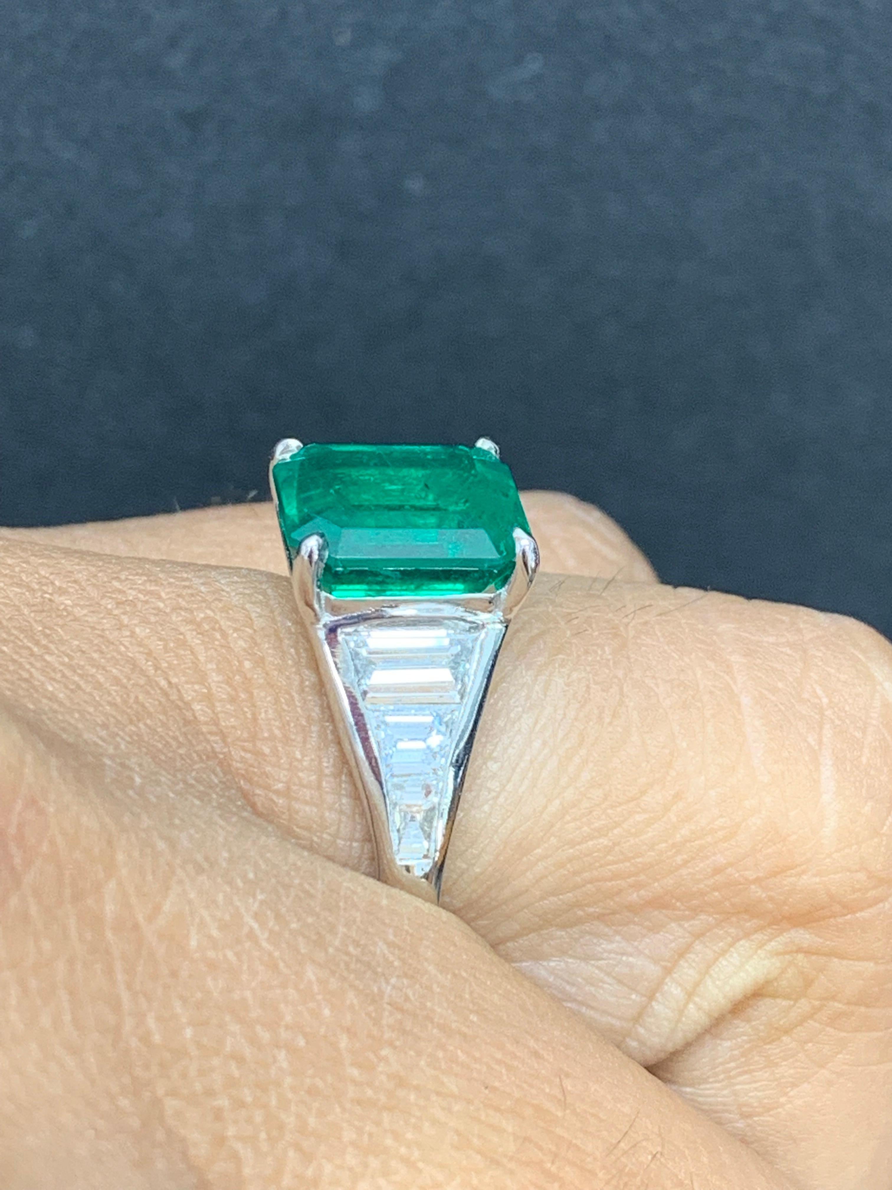 3.72 Carat Emerald Cut Emerald and Diamond Engagement Ring in Platinum For Sale 5