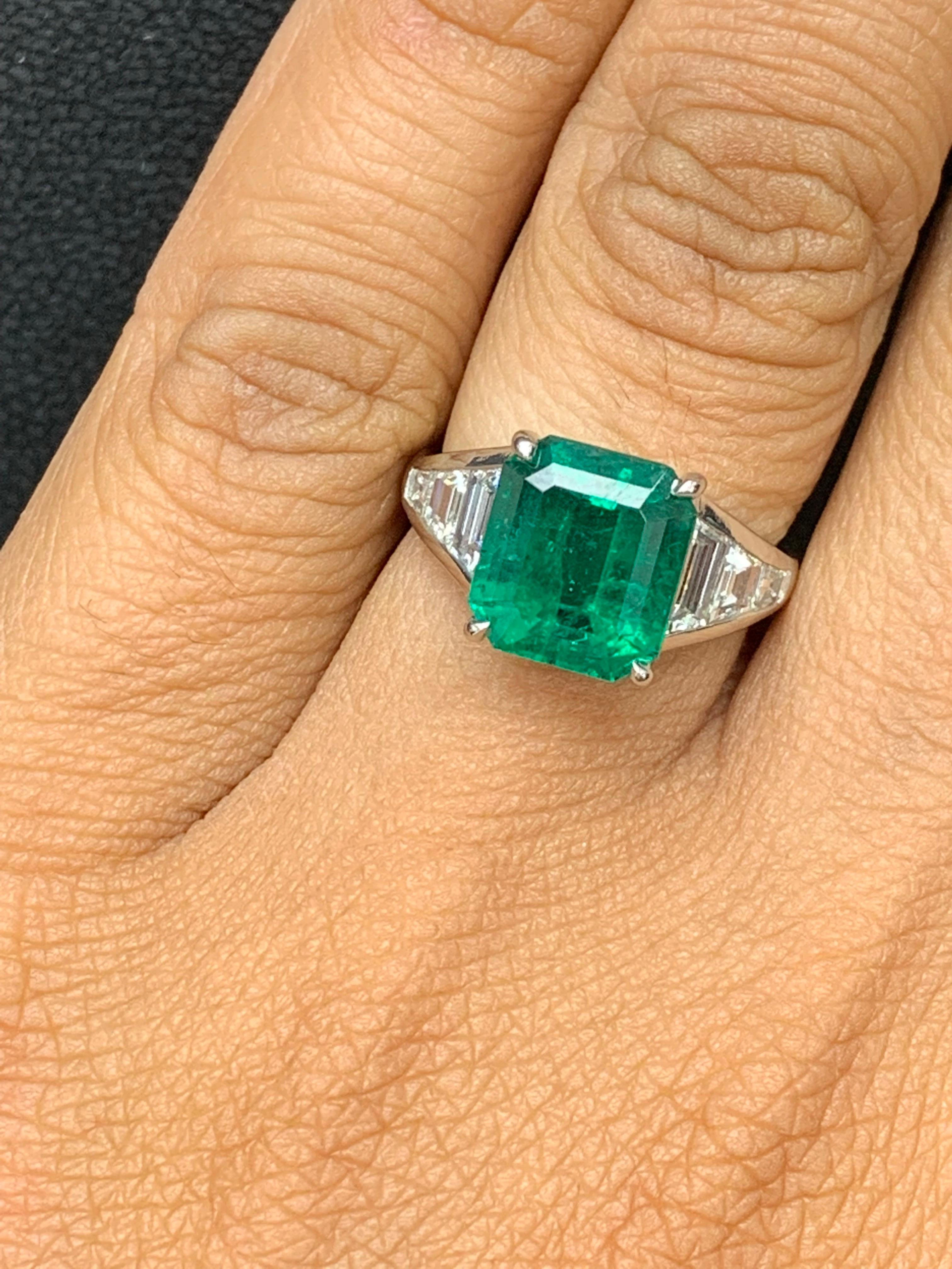 3.72 Carat Emerald Cut Emerald and Diamond Engagement Ring in Platinum For Sale 9