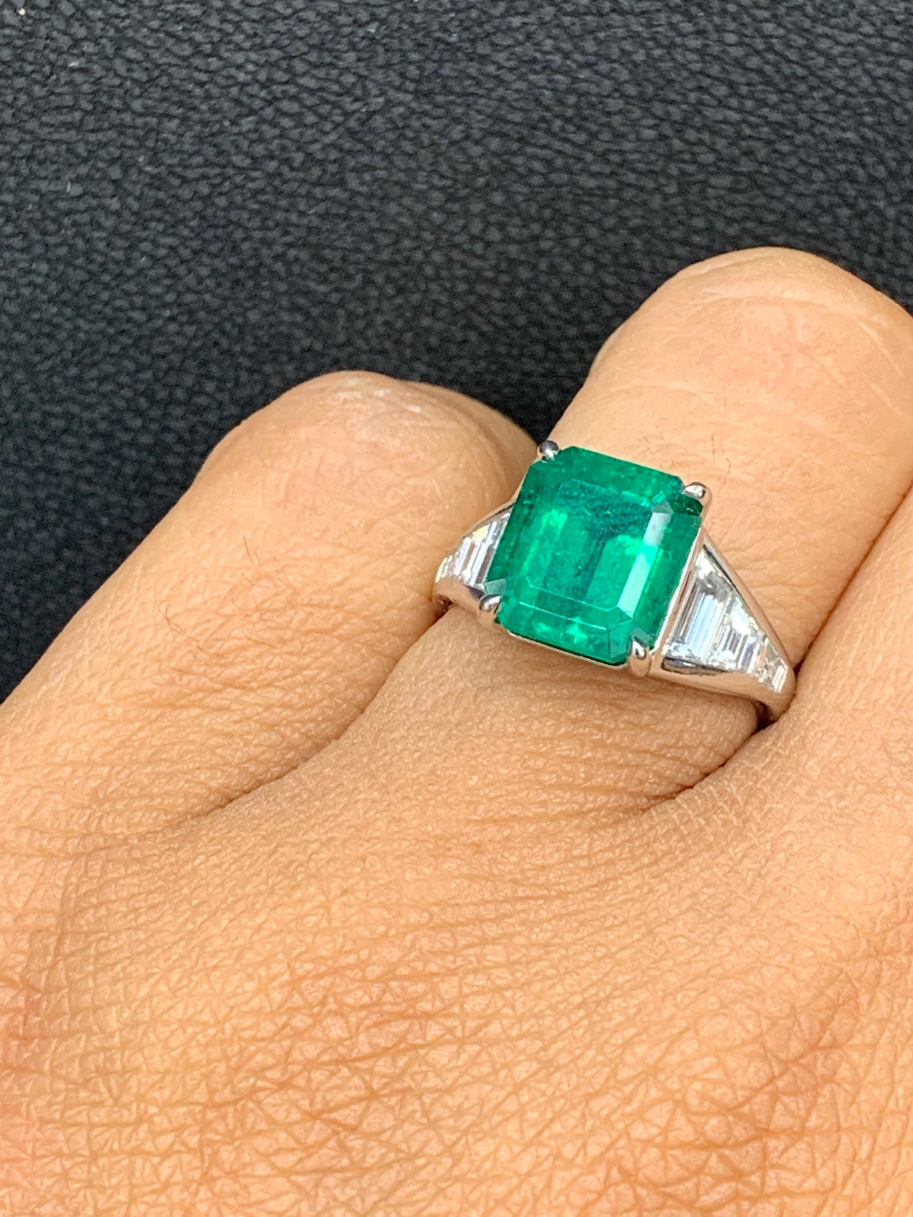 3.72 Carat Emerald Cut Emerald and Diamond Engagement Ring in Platinum For Sale 10