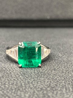 3.72 Carat Emerald Cut Emerald and Diamond Engagement Ring in Platinum