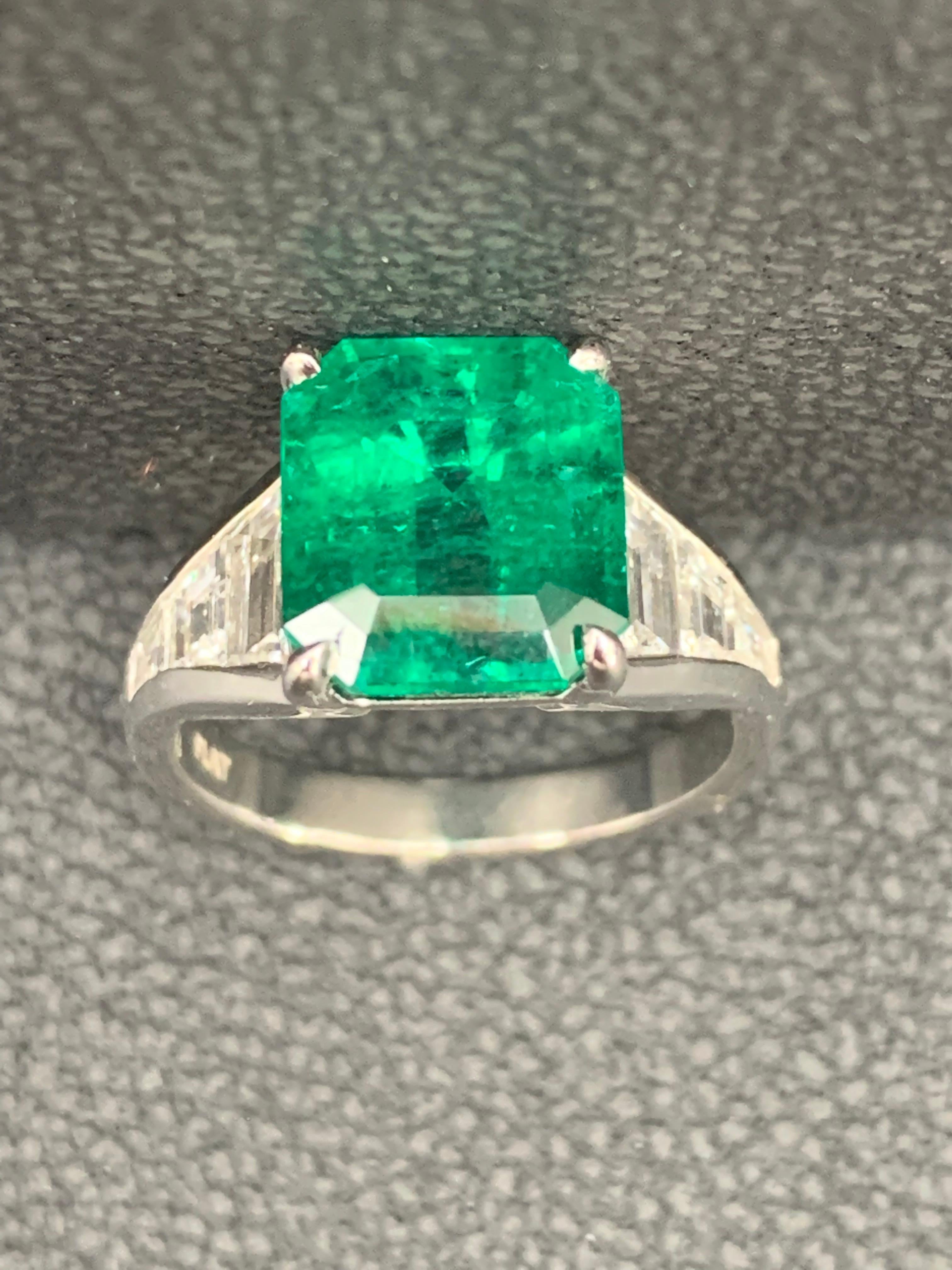 3.72 Carat Emerald Cut Emerald and Diamond Engagement Ring in Platinum For Sale 1