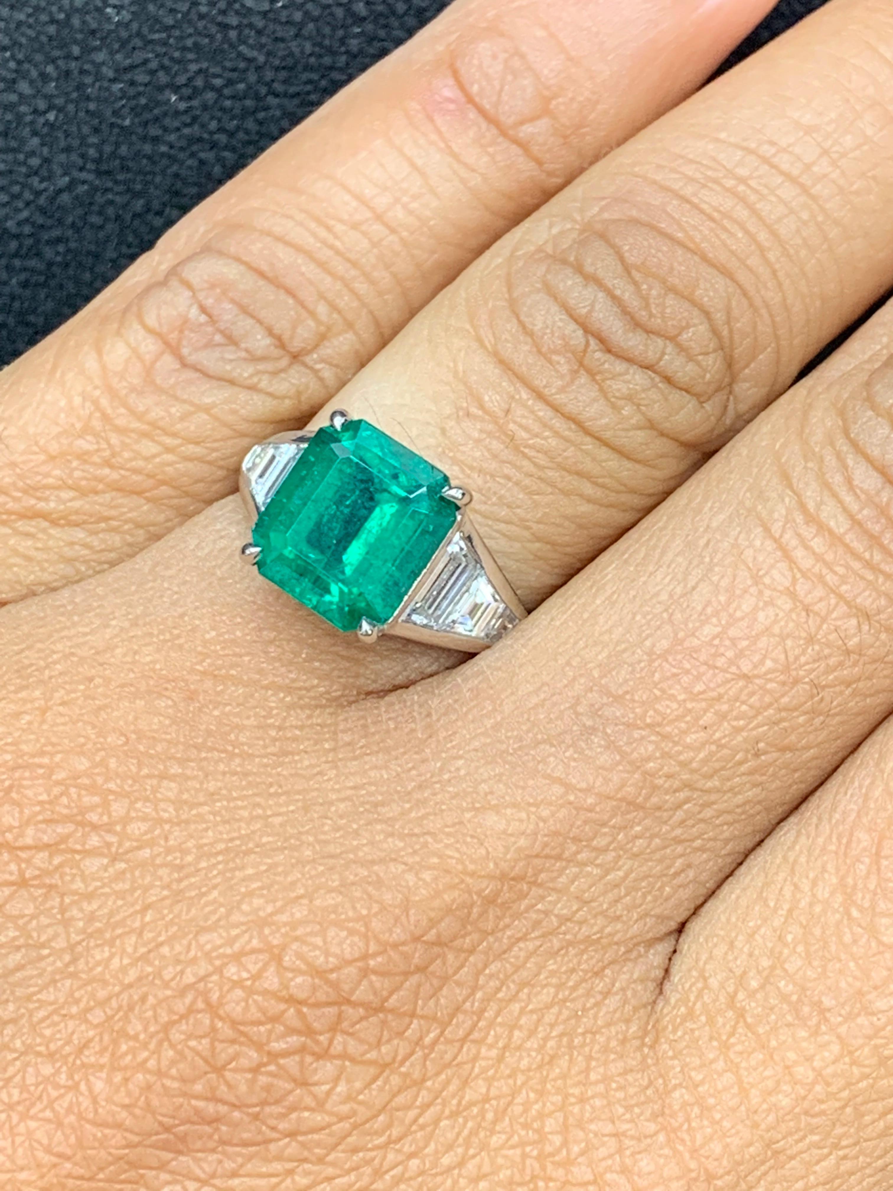 3.72 Carat Emerald Cut Emerald and Diamond Engagement Ring in Platinum For Sale 2