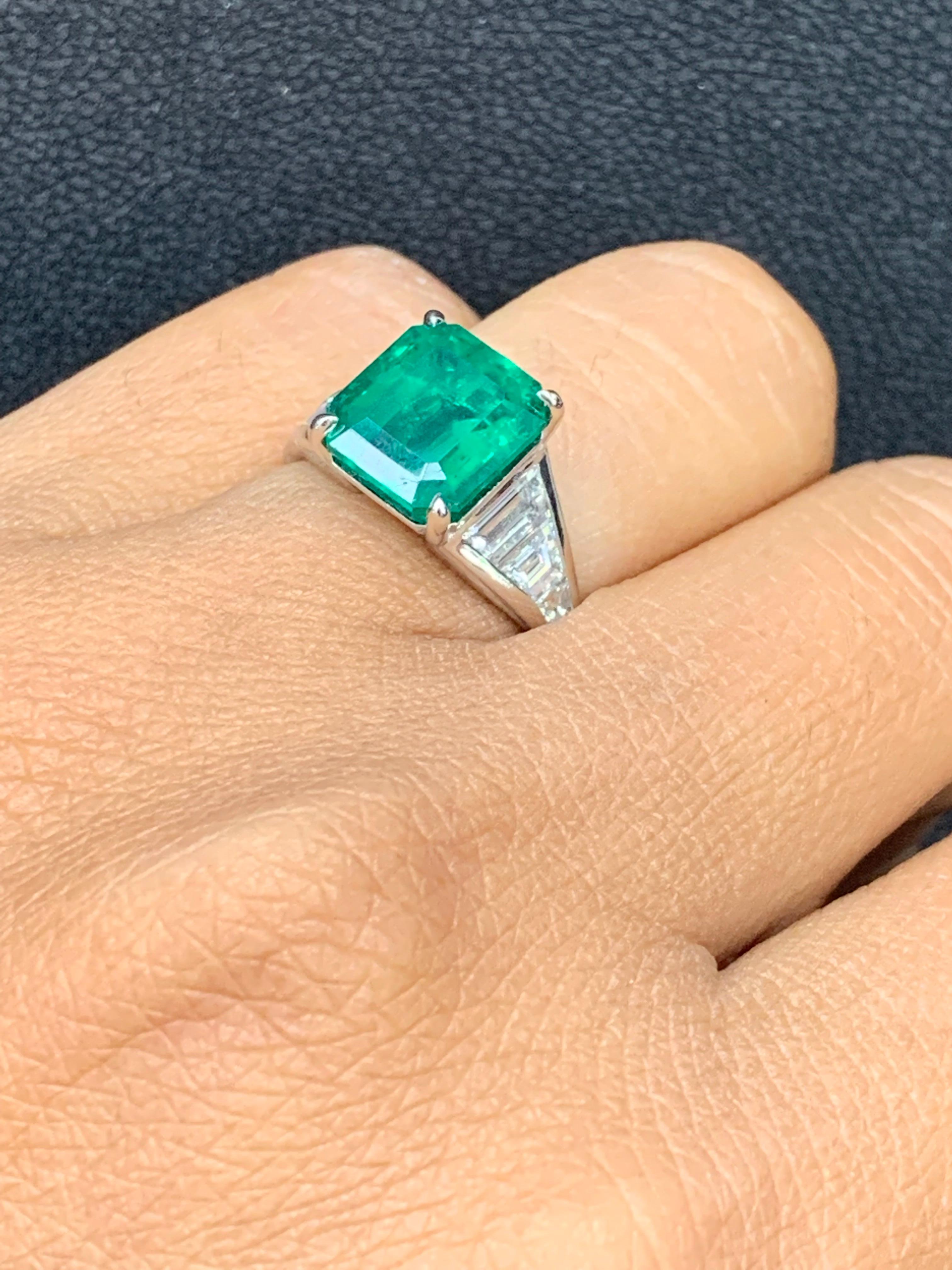 3.72 Carat Emerald Cut Emerald and Diamond Engagement Ring in Platinum For Sale 3