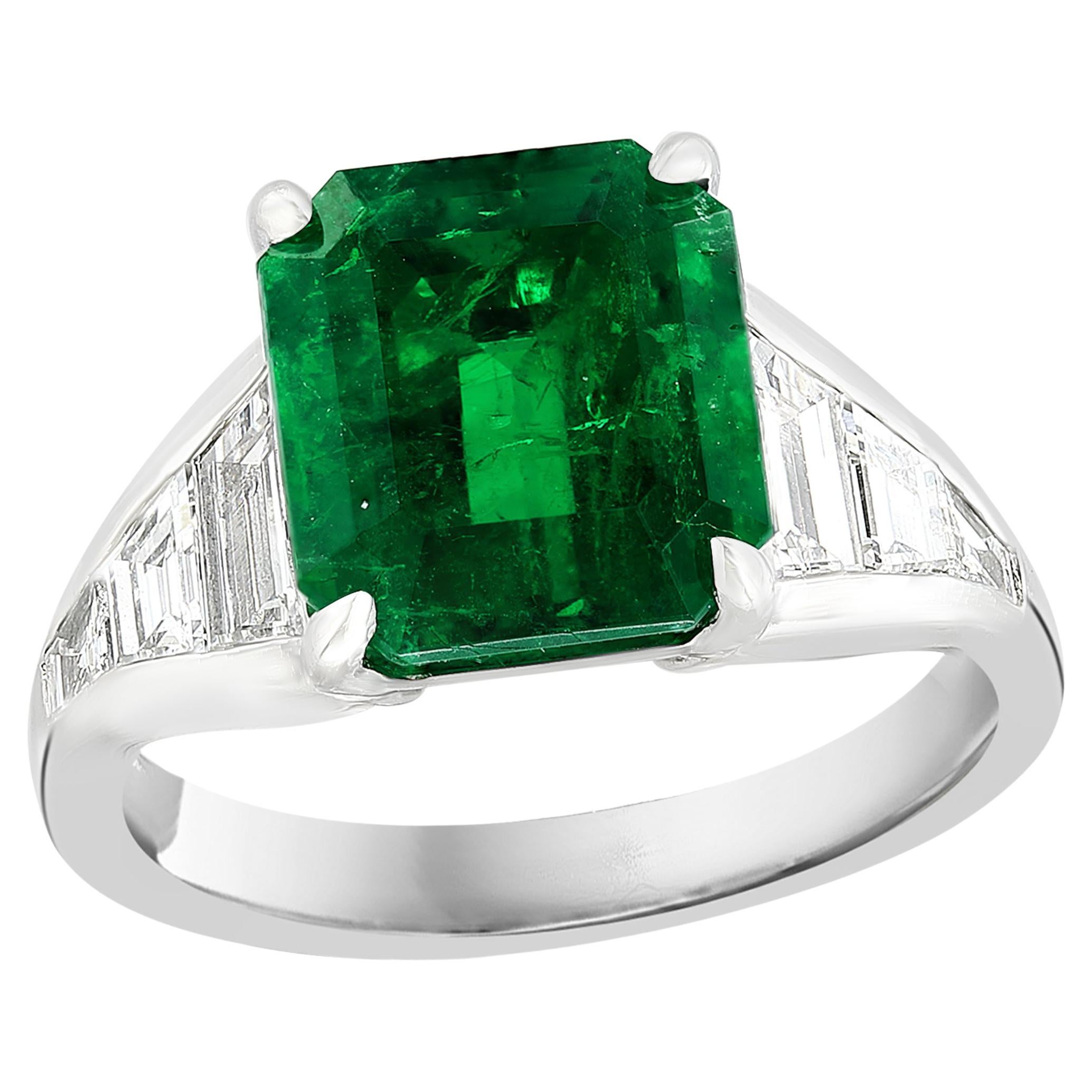 3.72 Carat Emerald Cut Emerald and Diamond Engagement Ring in Platinum For Sale