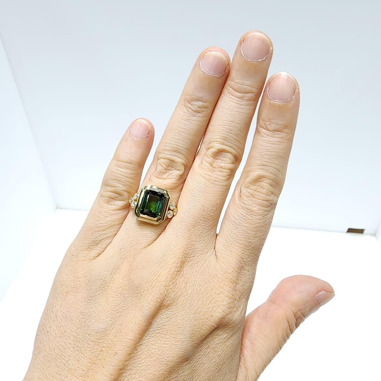 Emerald Cut 3.72 Carat Green Tourmaline Cocktail Ring in 18K Yellow Gold For Sale