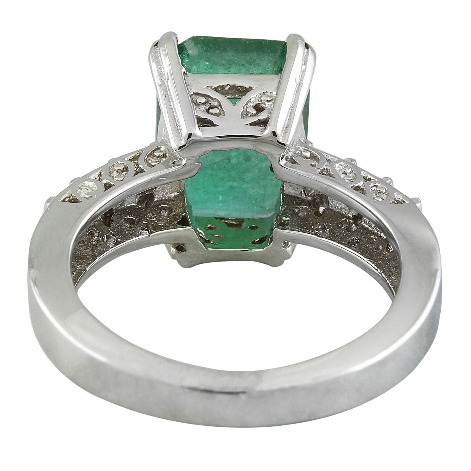 Emerald Cut 3.72 Carat Natural Emerald 14 Karat Solid White Gold Diamond Ring For Sale