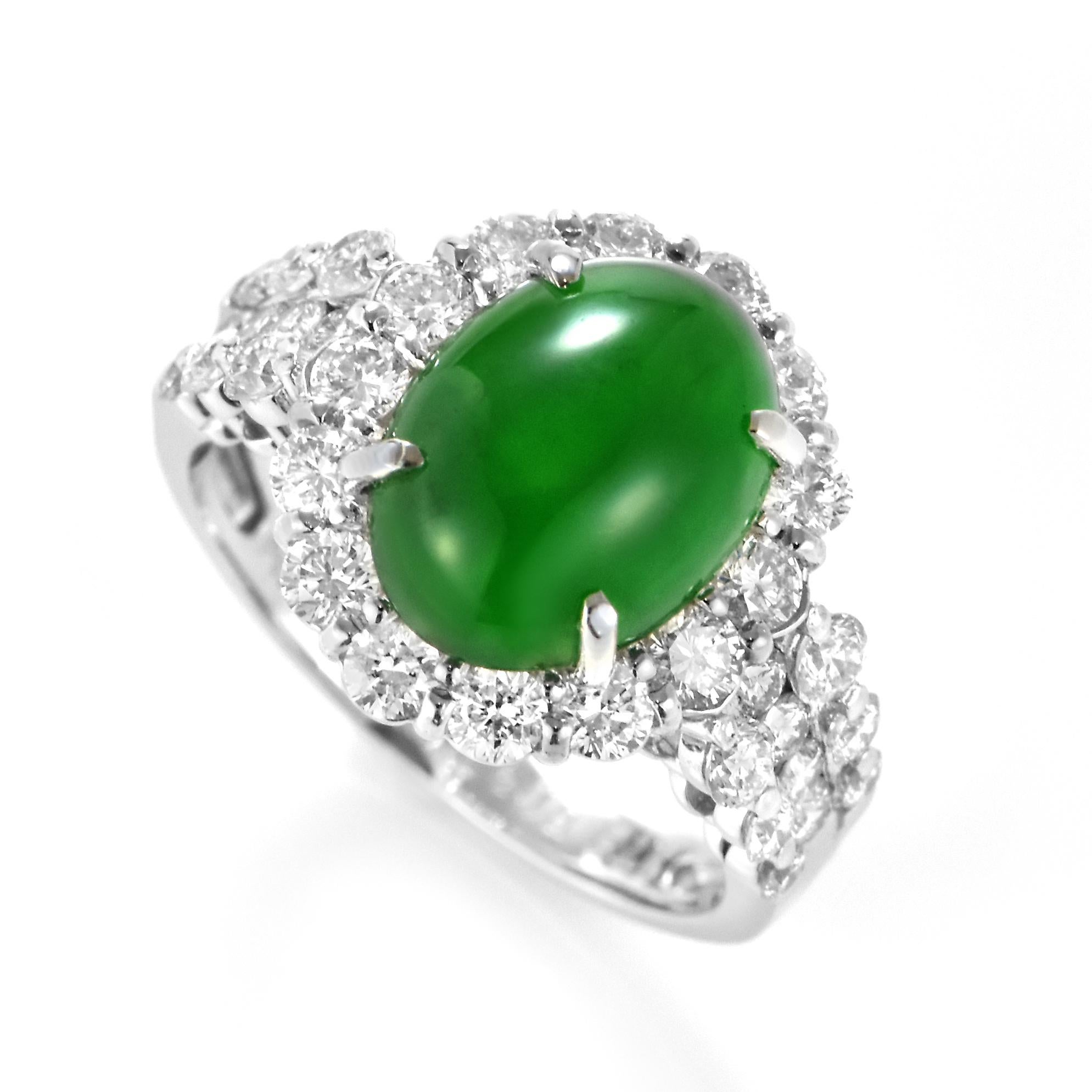 A beautiful Ring featuring a 3.72 Carat, Natural, Non-dyed Jadeite and 1.32 Carats of Diamond Accents set in Platinum. Jadeite has been cherished for millennia. Its nature is pure and enduring, yet sensuous and luxurious. Jadeite’s exceptional look