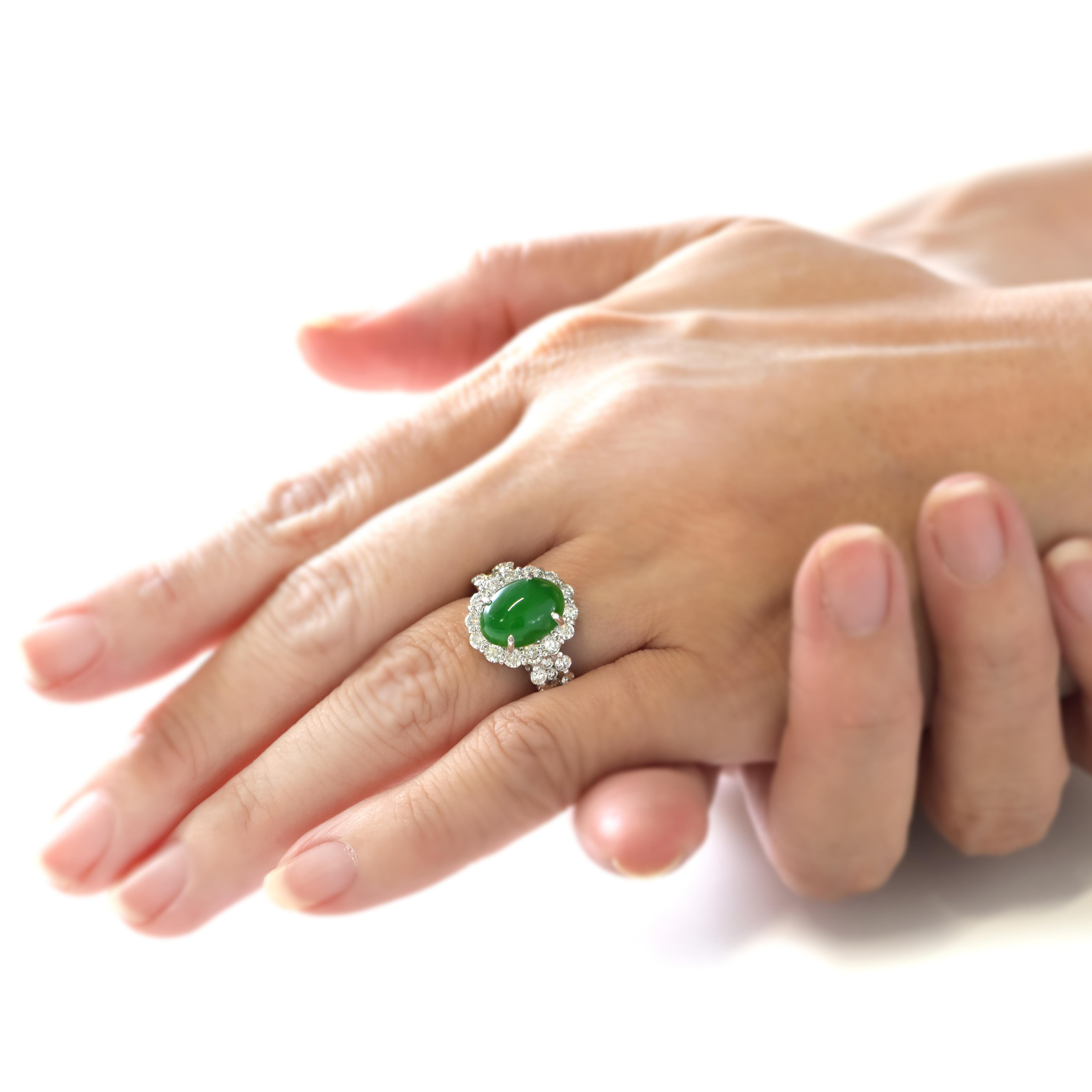Modern 3.72 Carat Natural Type A Jade and Diamond Ring Made in Platinum For Sale