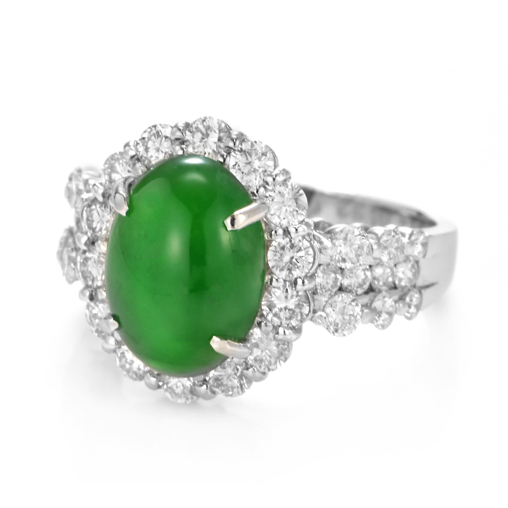 Cabochon 3.72 Carat Natural Type A Jade and Diamond Ring Made in Platinum For Sale