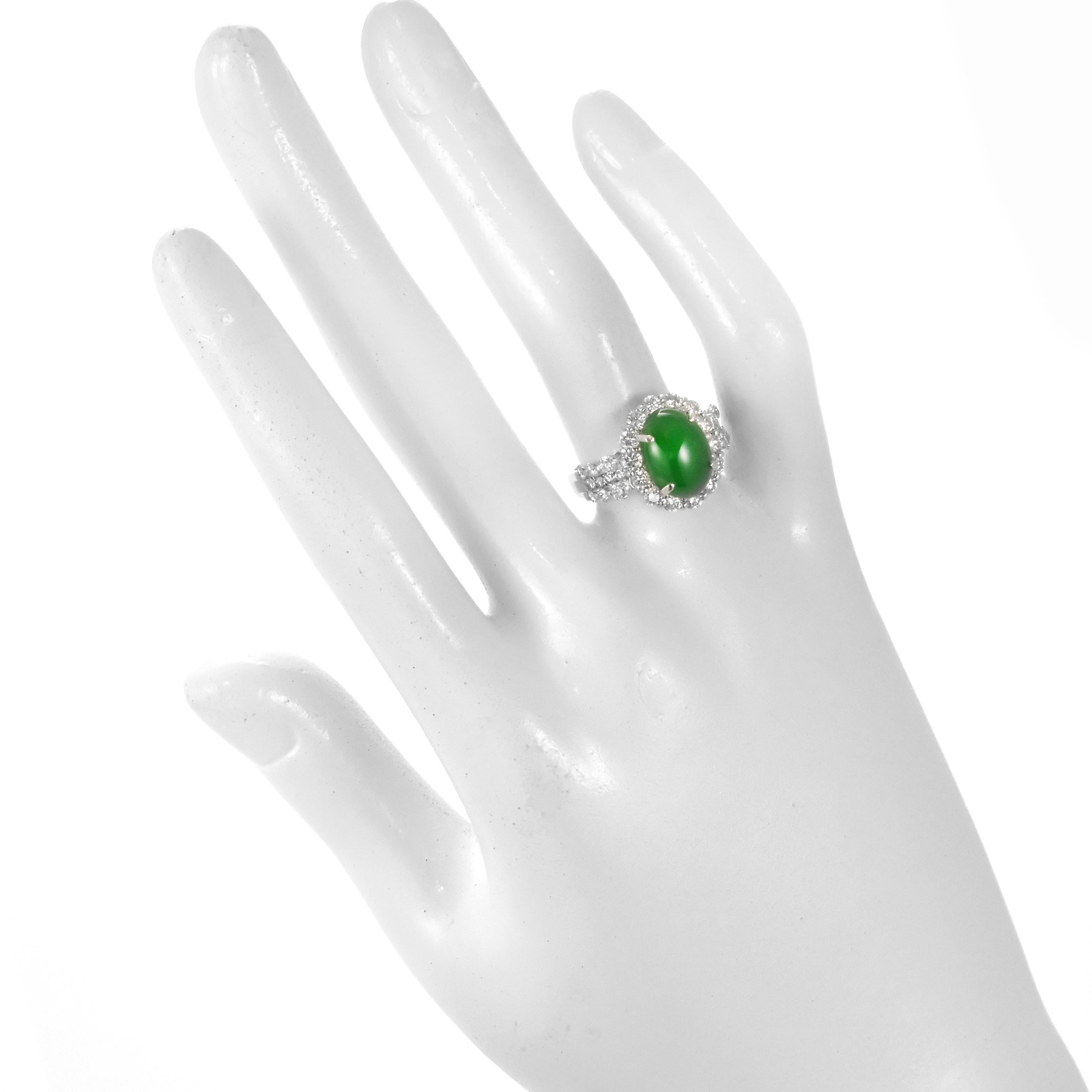 3.72 Carat Natural Type A Jade and Diamond Ring Made in Platinum For Sale 2