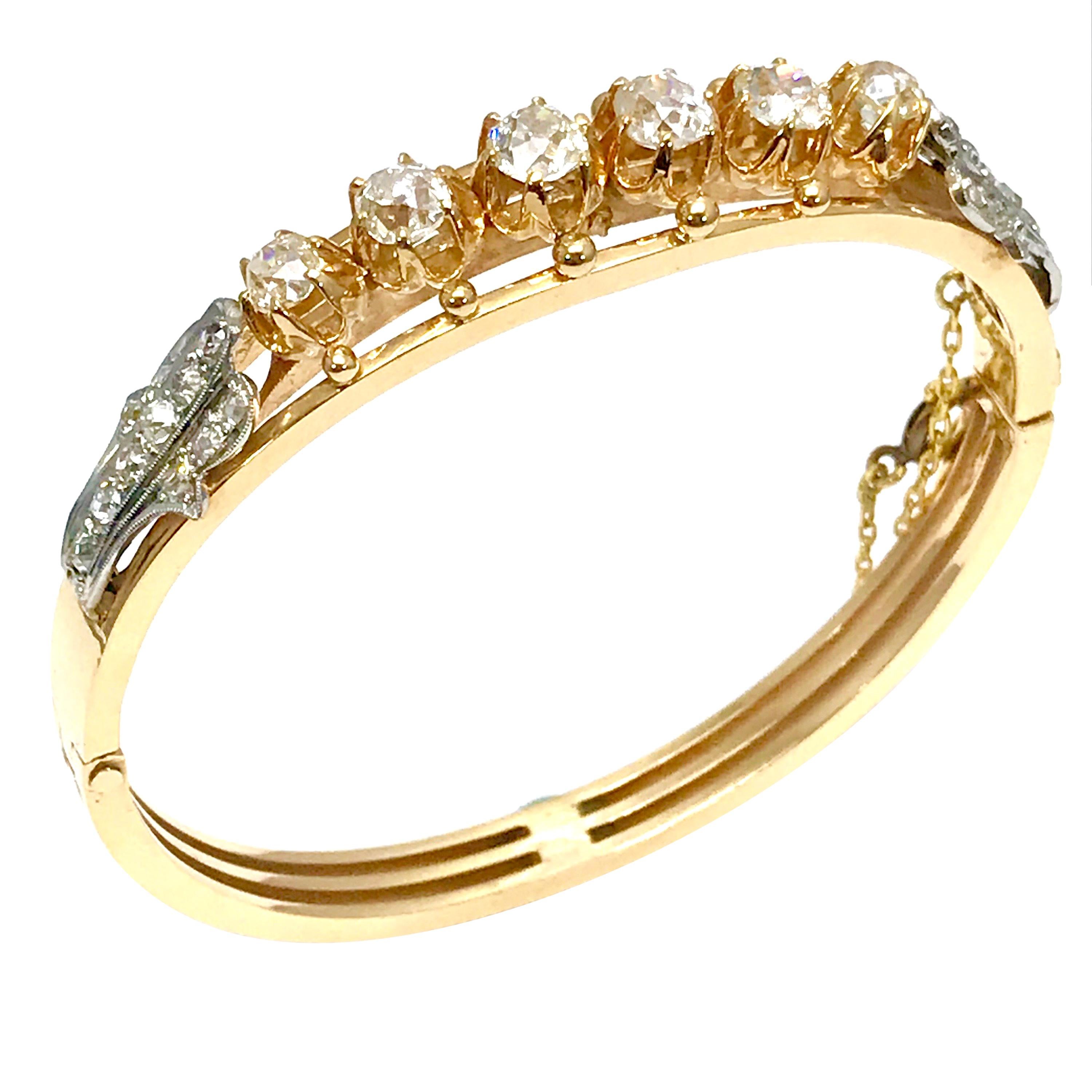 3.72 Carat Old Mine Cut and Rose Cut Diamond Yellow Gold Bangle Bracelet
