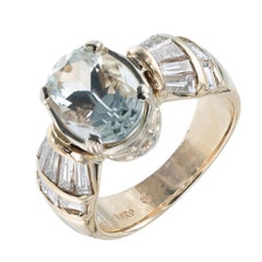 3.72 Carat Oval Aquamarine Baguette Diamond Gold Cocktail Ring