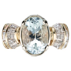 Vintage 3.72 Carat Oval Aquamarine Baguette Diamond Gold Cocktail Ring