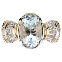 3.72 Carat Oval Aquamarine Baguette Diamond Gold Cocktail Ring