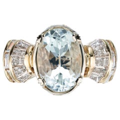 3.72 Carat Oval Aquamarine Baguette Diamond Gold Cocktail Ring