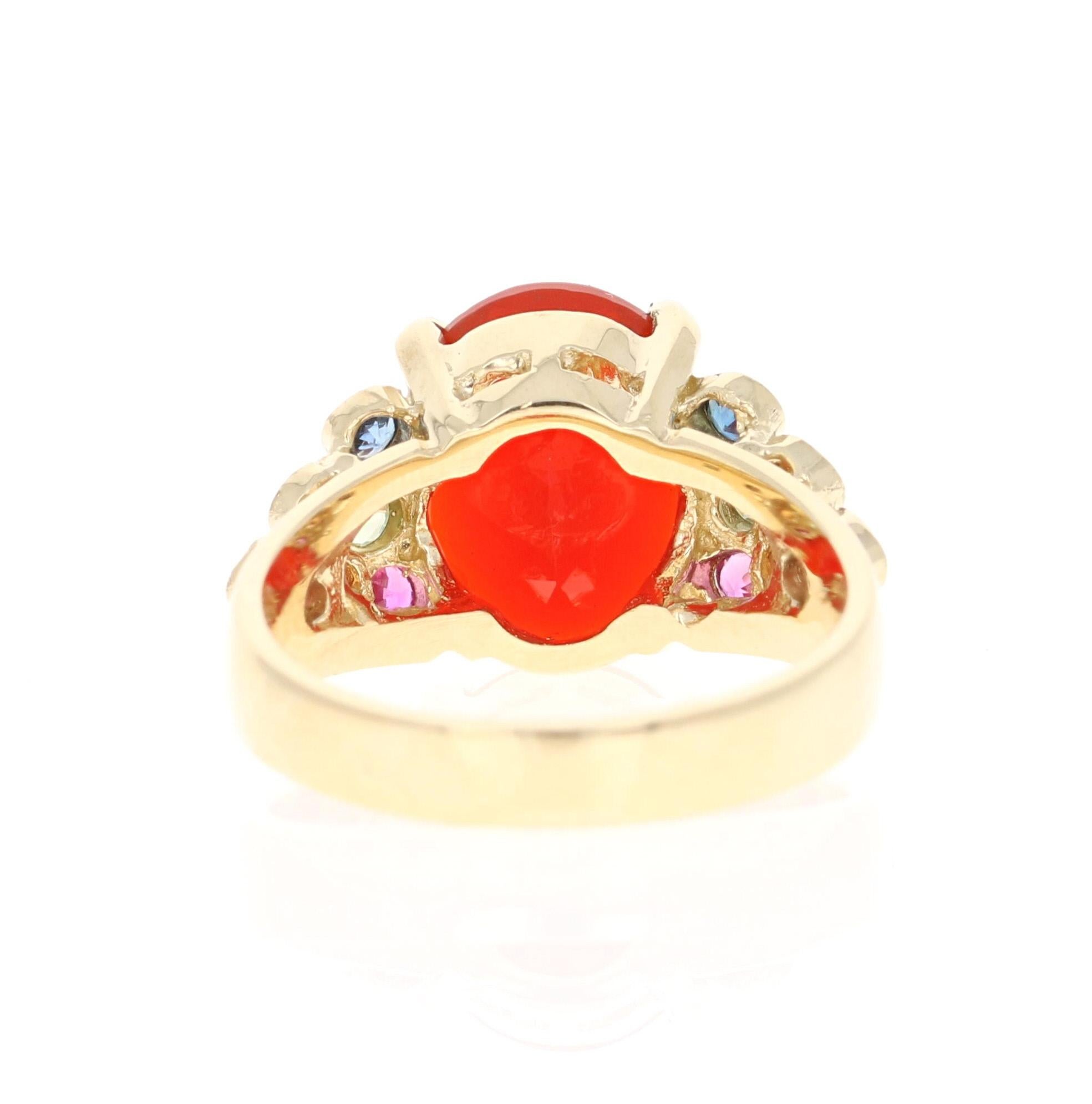 3.72 Carat Oval Cut Fire Opal Sapphire 14 Karat Yellow Gold Cocktail Ring In New Condition In Los Angeles, CA