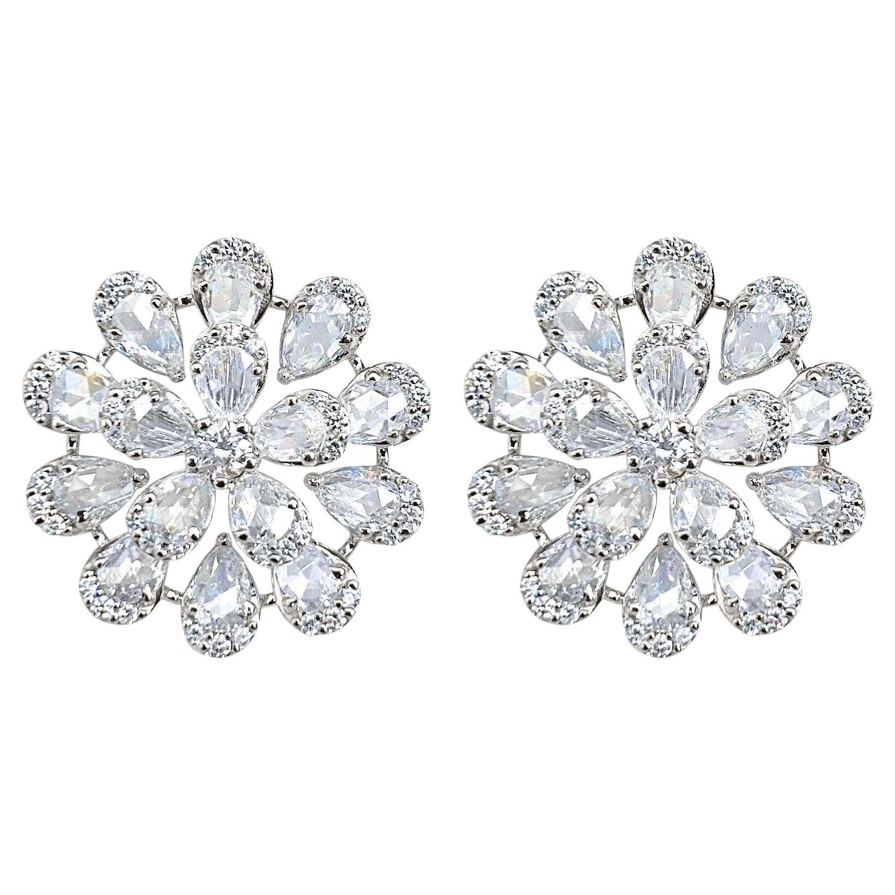 3.72 Carat Rose Cut Diamond 18K White Gold Earrings