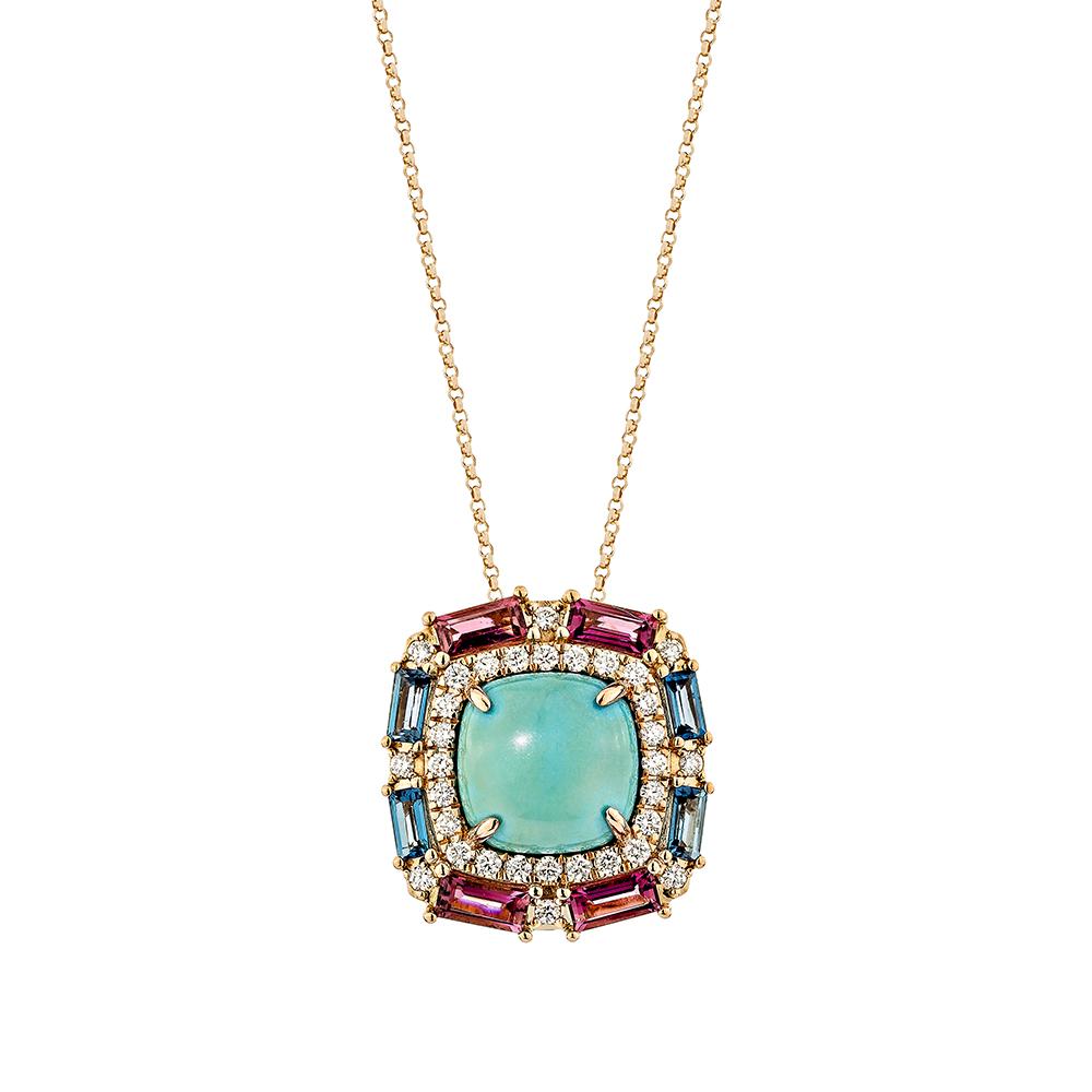 Turquoise is natural wonder that come and will bring a ray of sunshine into your life! The Pink tourmaline and London blue topaz in octagon shape that surround the pendant contribute to its beauty and elegance. this pendant is perfect presents for