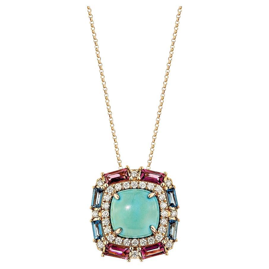 3.72 Carat Turquoise Pendant in 18KRG with Multi Gemstone and White Diamond.