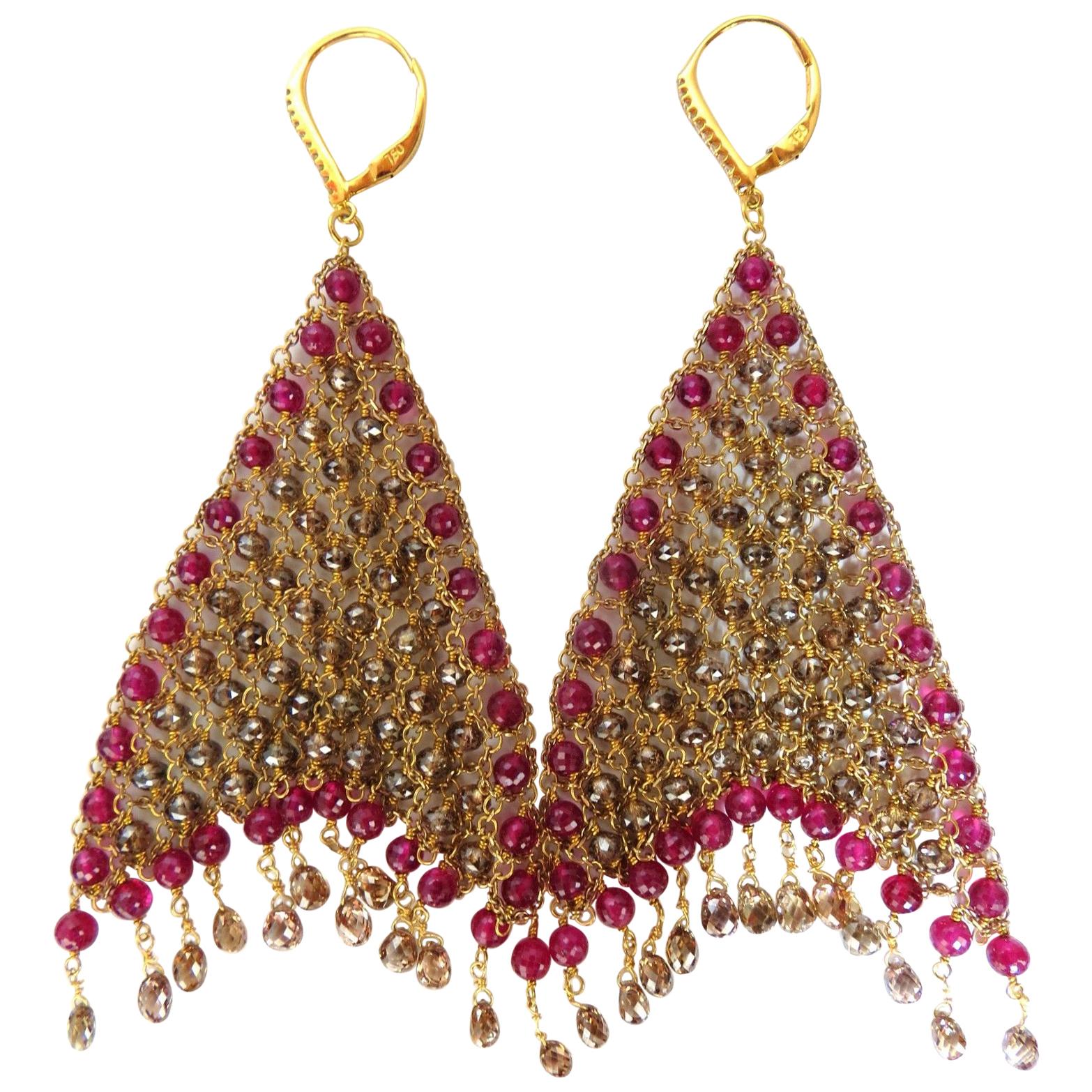 37.20ct Natural Fancy color briolette diamond dangle earrings 18kt Curtain Mesh