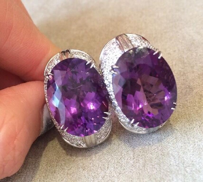 Oval Cut 37.26 carat Oval Amethyst and Pave Diamond Earrings in 18K White Gold For Sale