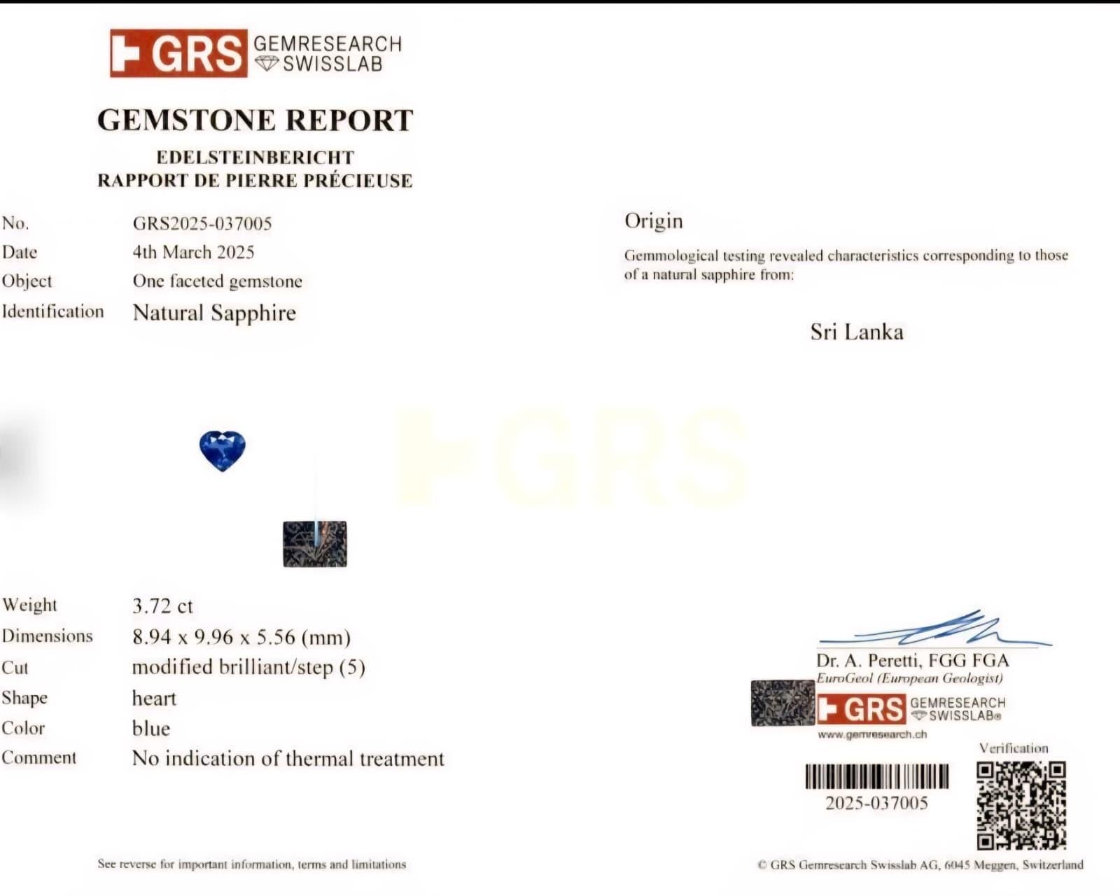 3.72ct Bleu Heart Shaped Sri Lankan Natural Sapphire (No Heat) Certified By GRS For Sale 1