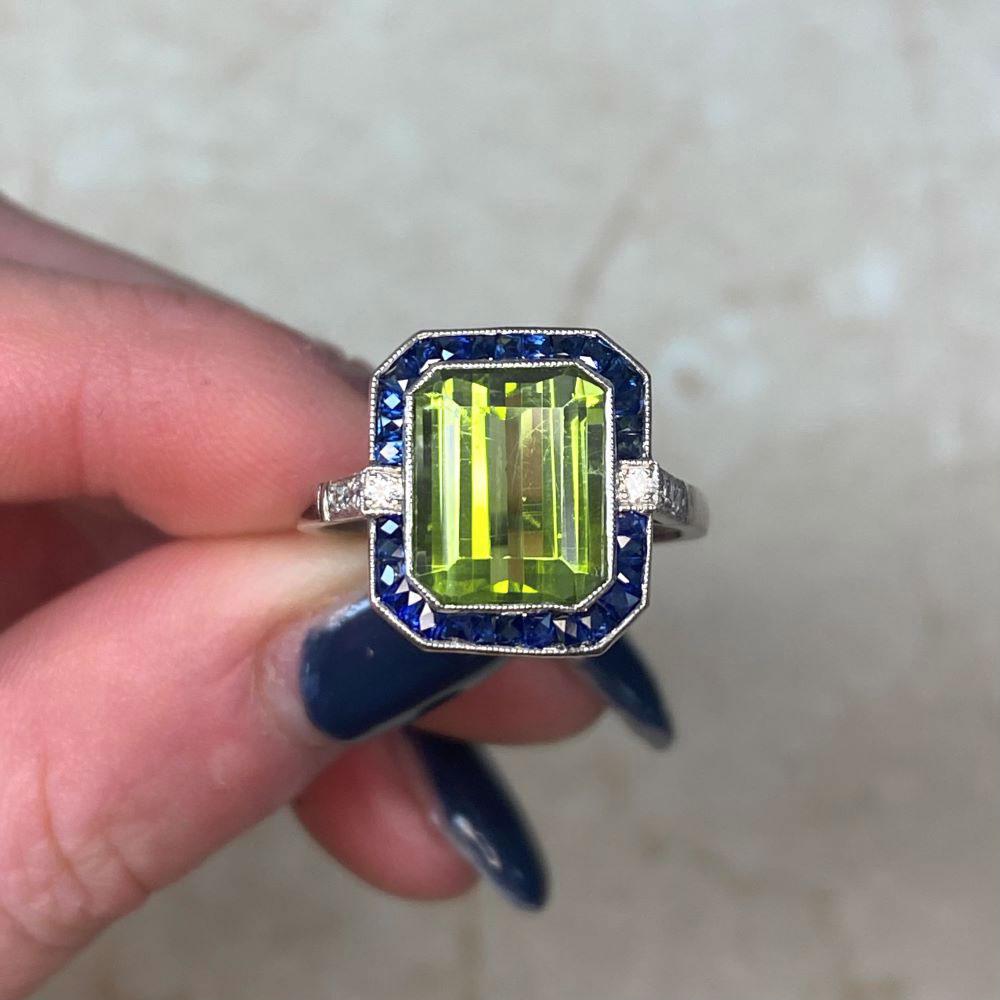 3.72ct Emerald Cut Peridot Cocktail Ring, Sapphire Halo, Platinum For Sale 6
