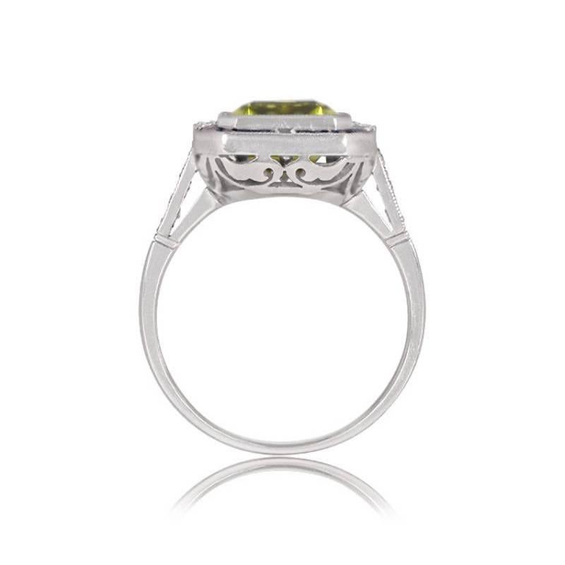 Art Deco 3.72ct Emerald Cut Peridot Cocktail Ring, Sapphire Halo, Platinum For Sale