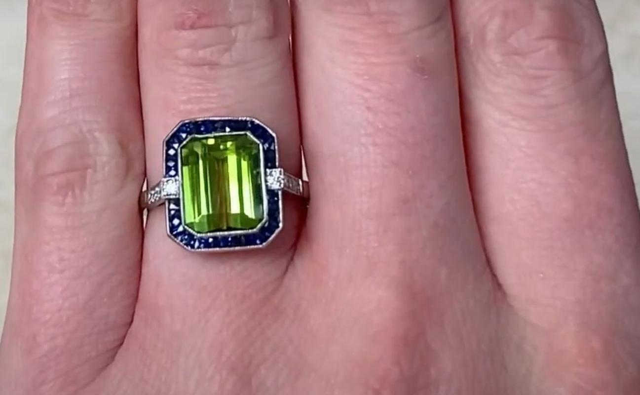 Women's 3.72ct Emerald Cut Peridot Cocktail Ring, Sapphire Halo, Platinum For Sale
