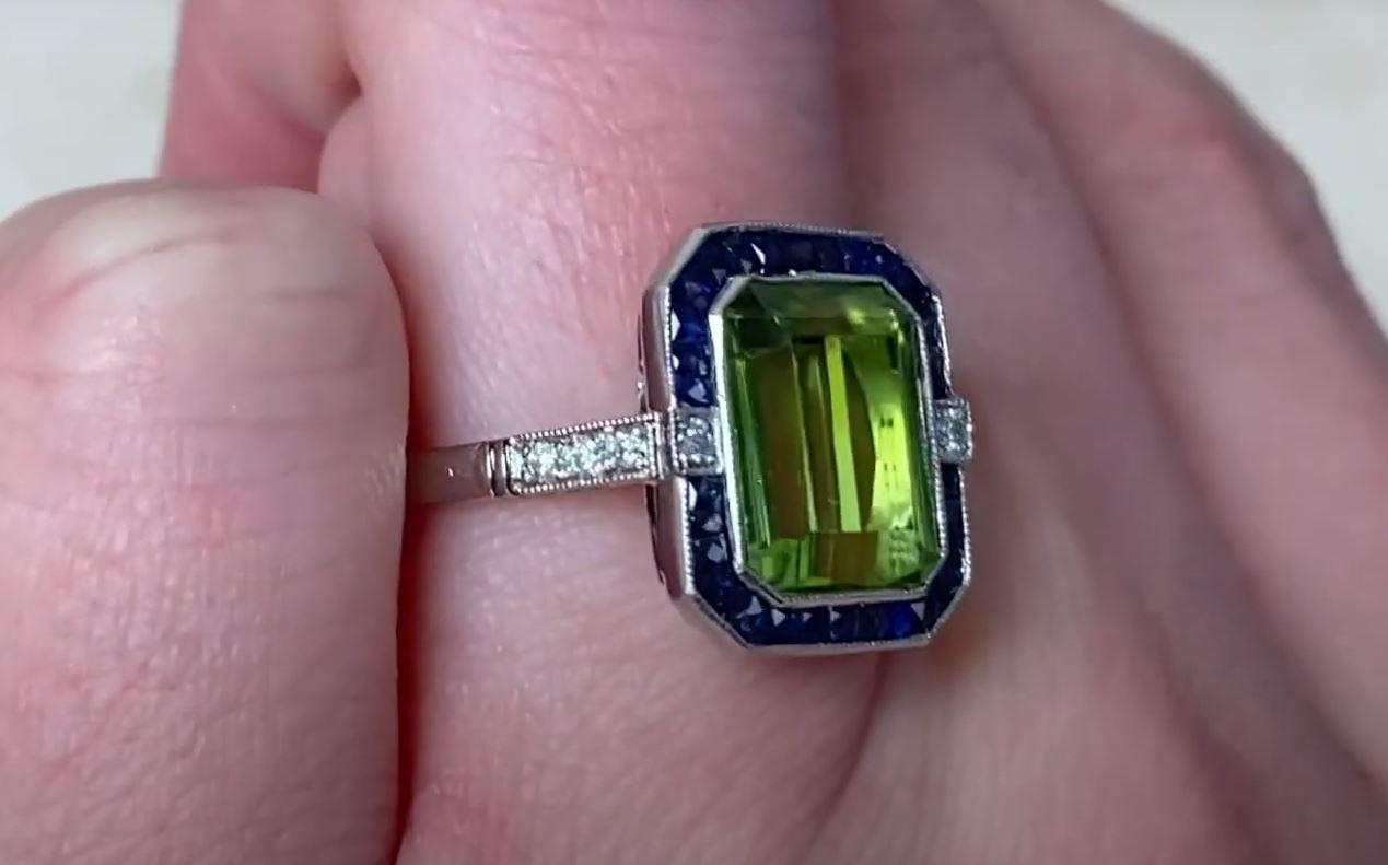 3.72ct Emerald Cut Peridot Cocktail Ring, Sapphire Halo, Platinum For Sale 1