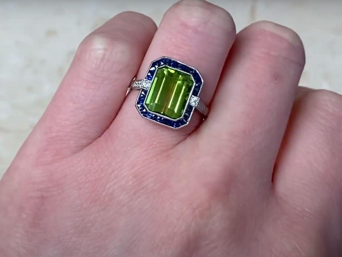3.72ct Emerald Cut Peridot Cocktail Ring, Sapphire Halo, Platinum For Sale 4