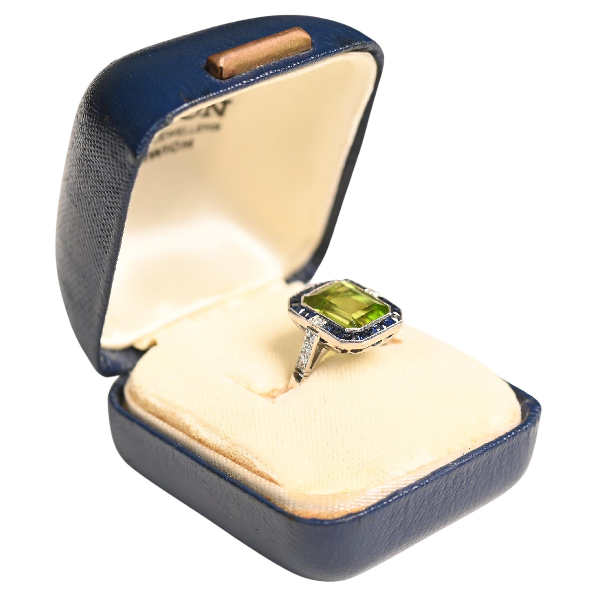 Emerald Cut Peridot Ring (Approx 3.70-Carats), Sapphire Halo, Platinum