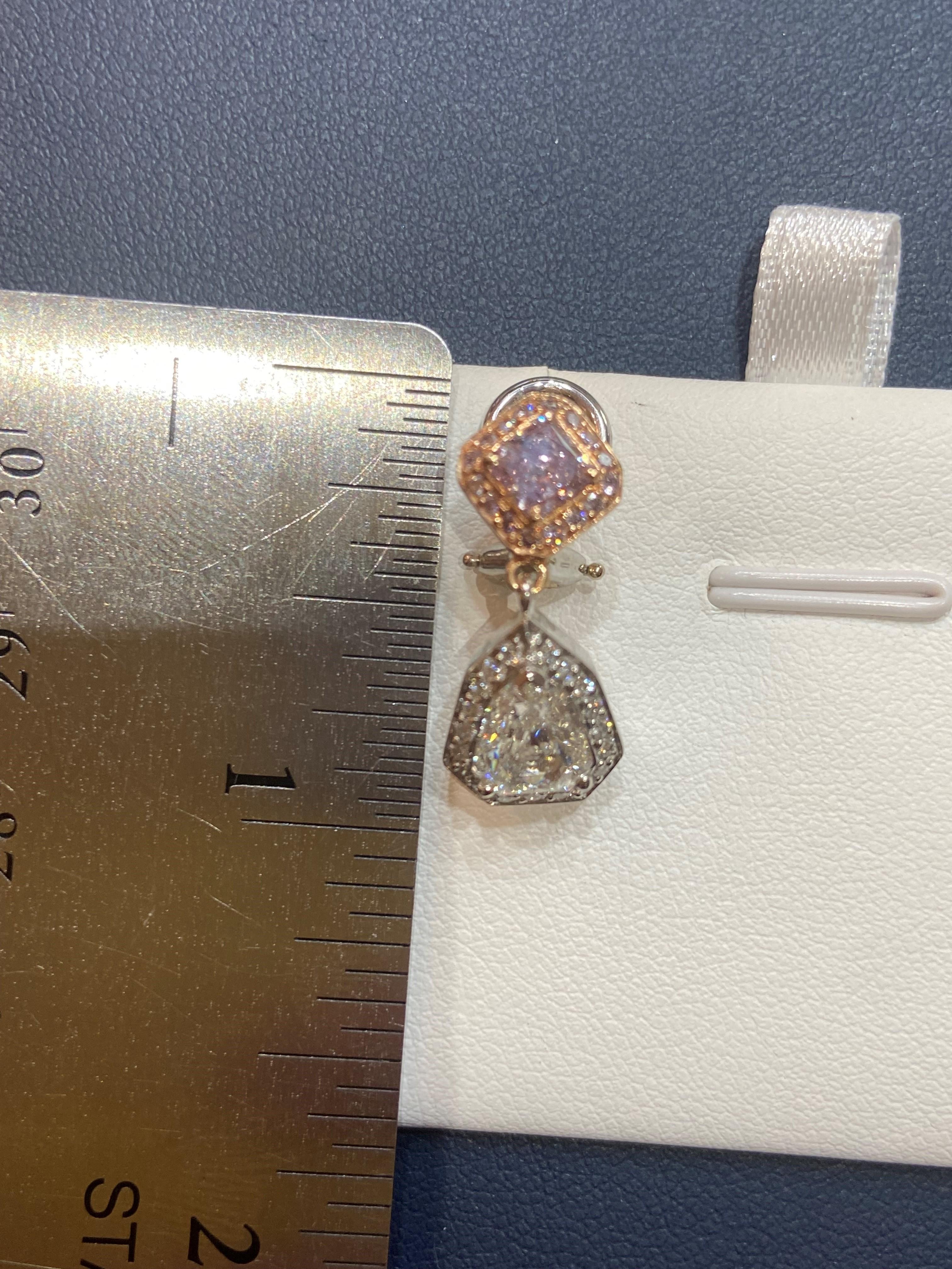 3.72ct Fancy Purple Pink GIA Certified Shield & Radiant Cut Diamond Earrings For Sale 1
