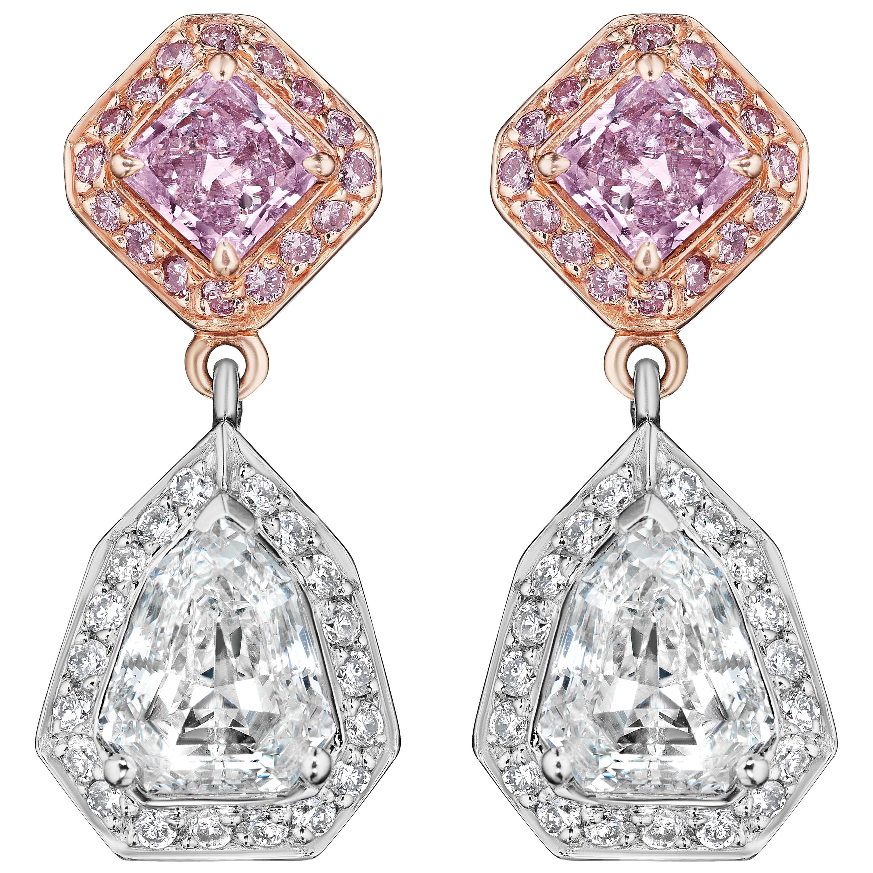 3.72ct Fancy Purple Pink GIA Certified Shield 
Radiant Cut Diamond Earrings For Sale