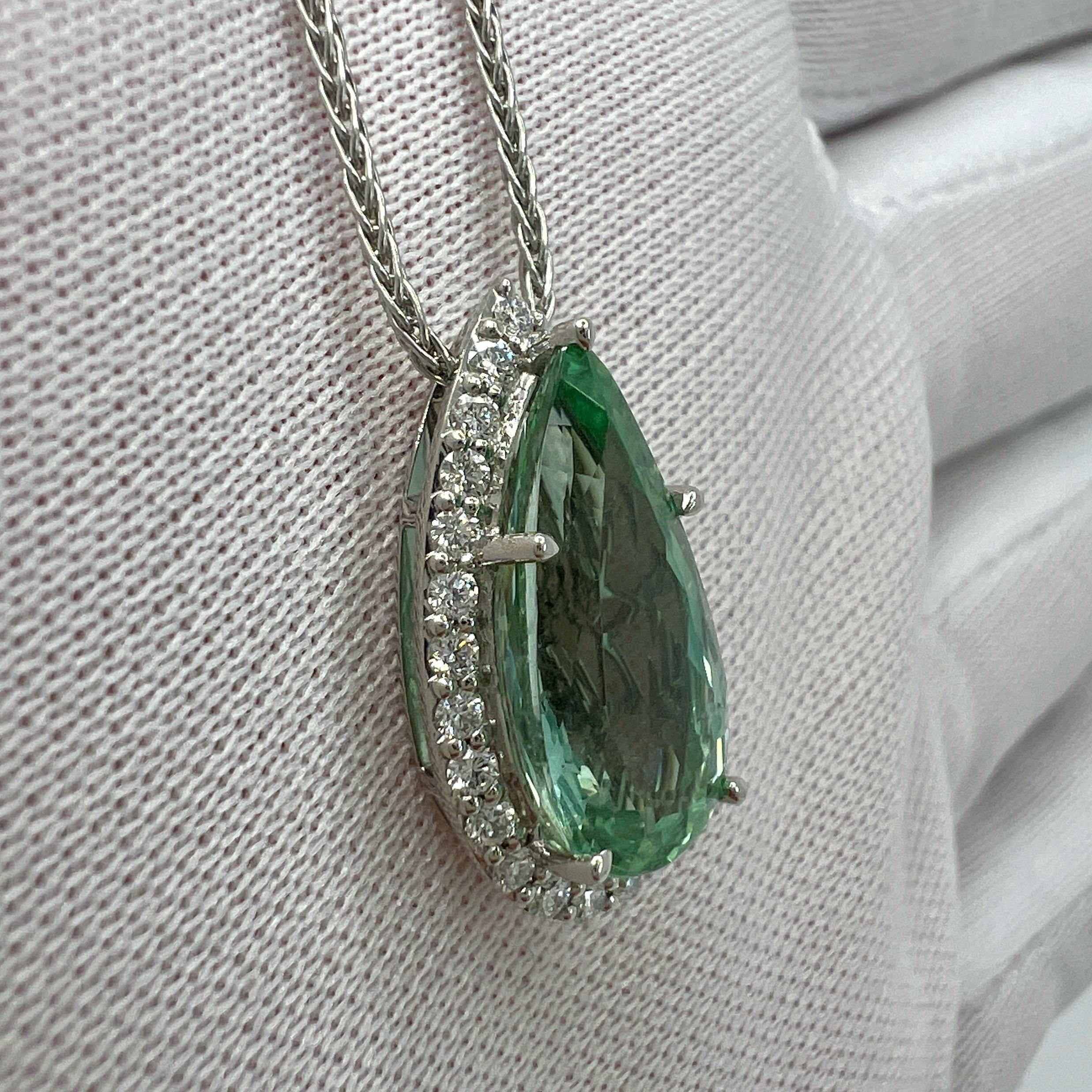 Women's or Men's 3.72ct Vivid Green Pear Cut Tourmaline Diamond Platinum Halo Pendant Necklace For Sale