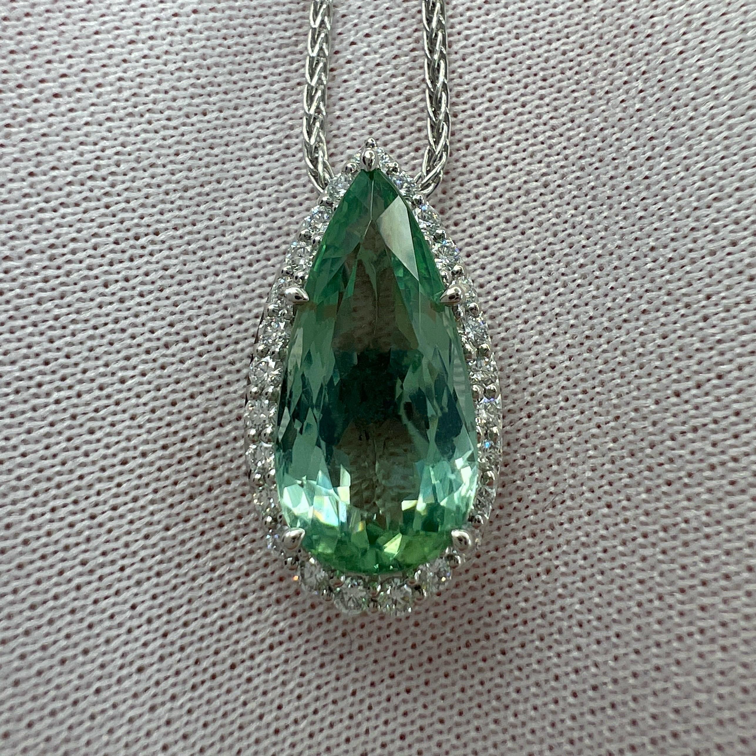 3.72ct Vivid Green Pear Cut Tourmaline Diamond Platinum Halo Pendant Necklace For Sale 3