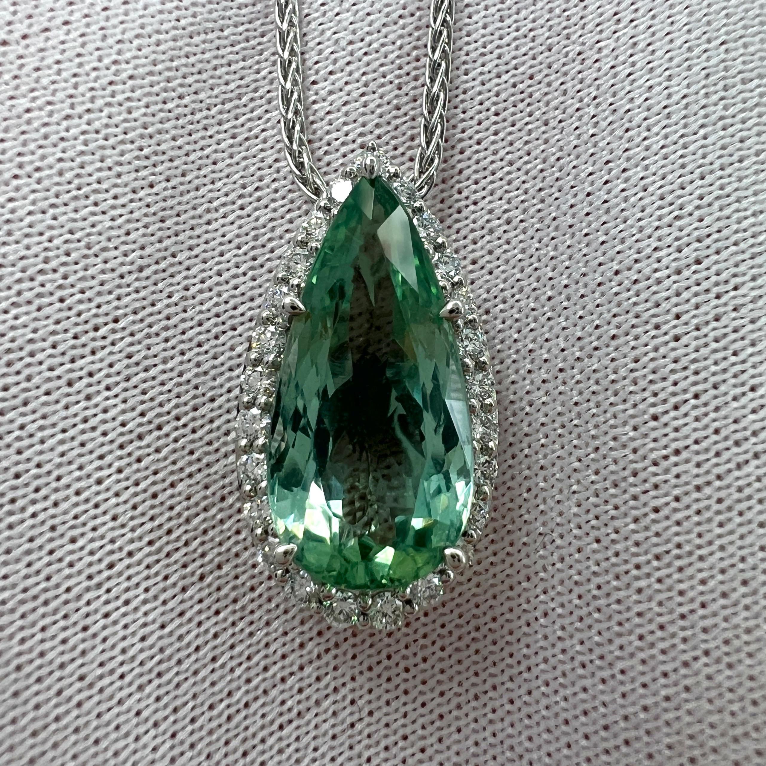 3.72ct Vivid Green Pear Cut Tourmaline Diamond Platinum Halo Pendant Necklace For Sale 4