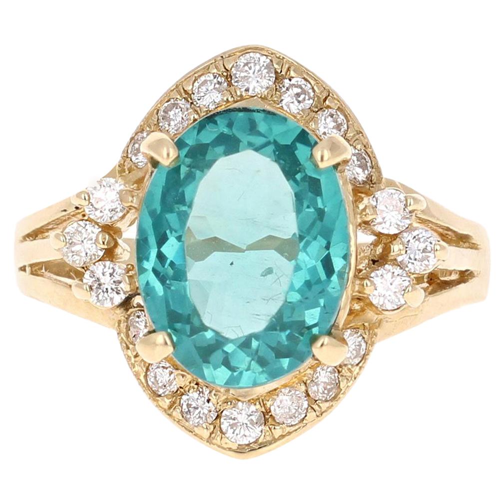 3.73 Carat Apatite Diamond 14 Karat Yellow Gold Cluster Ring For Sale