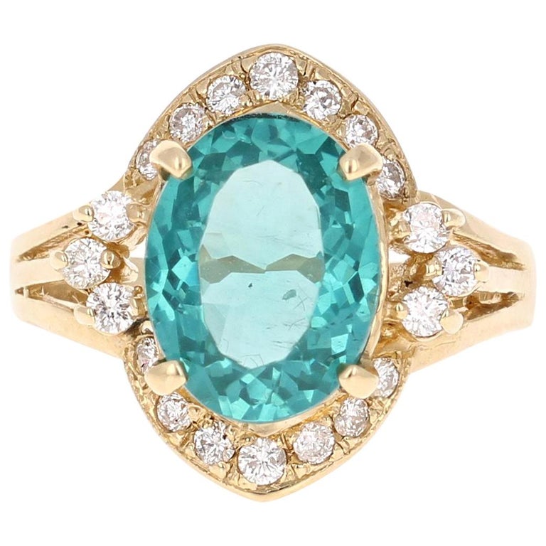 3.73 Carat Apatite Diamond 14K Yellow Gold Cluster Ring For Sale at 1stDibs