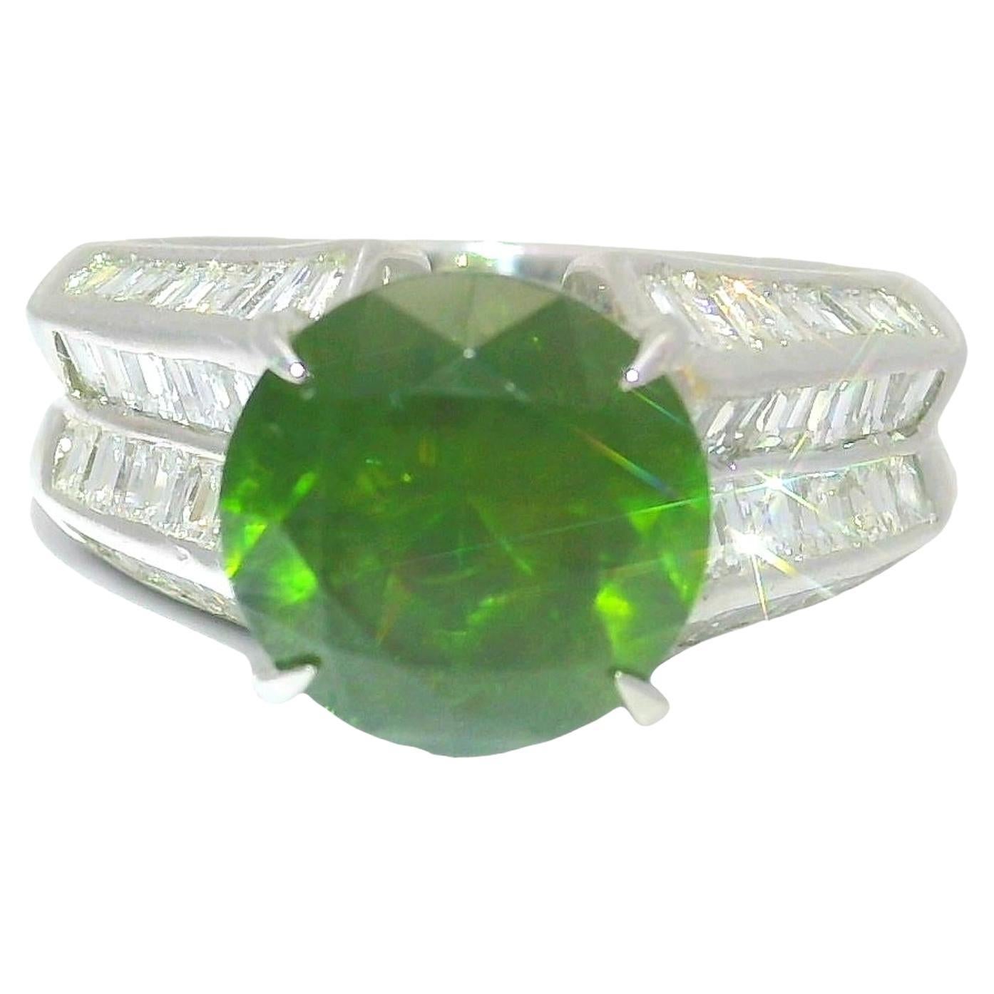 3.73 Carat Demantoid Garnet Diamond Platinum Ring, GRS Certified