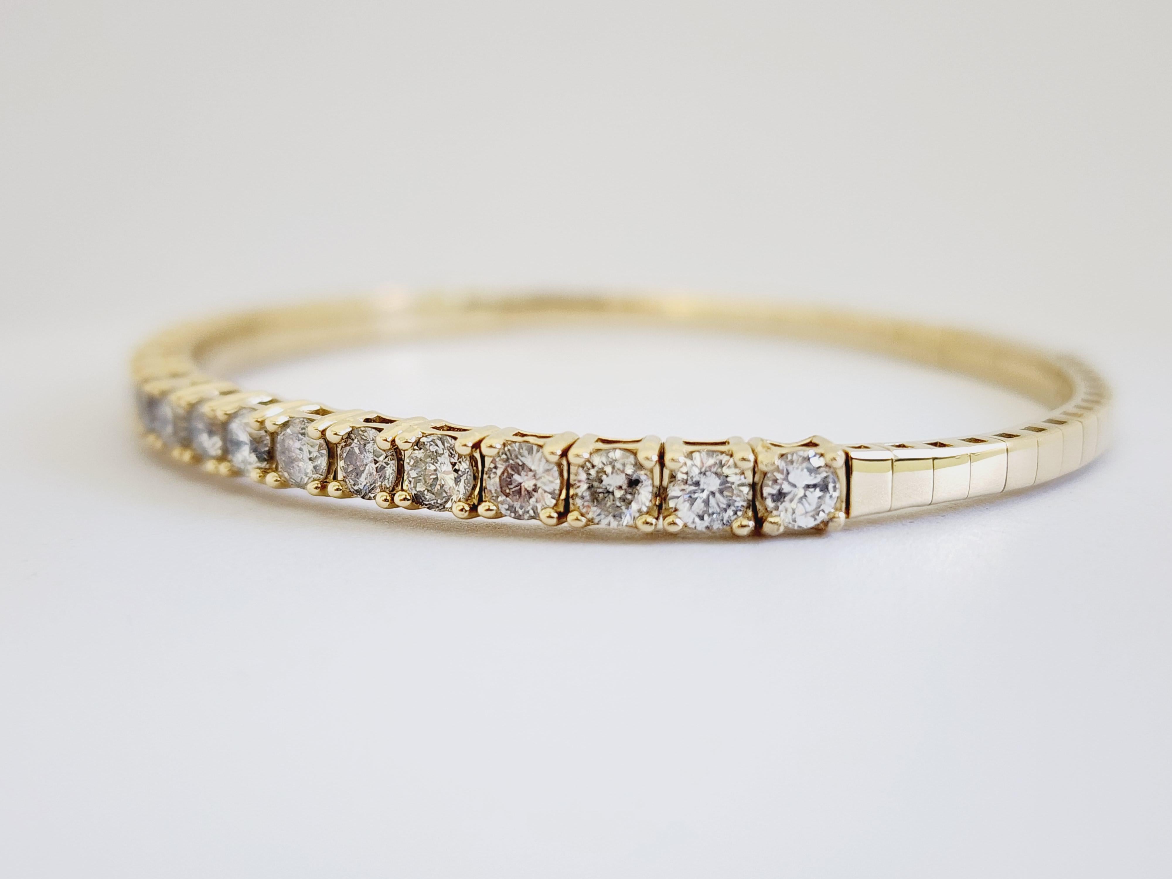 Round Cut 3.73 Carat Flexible Bangle Yellow Gold 14 Karat Bracelet